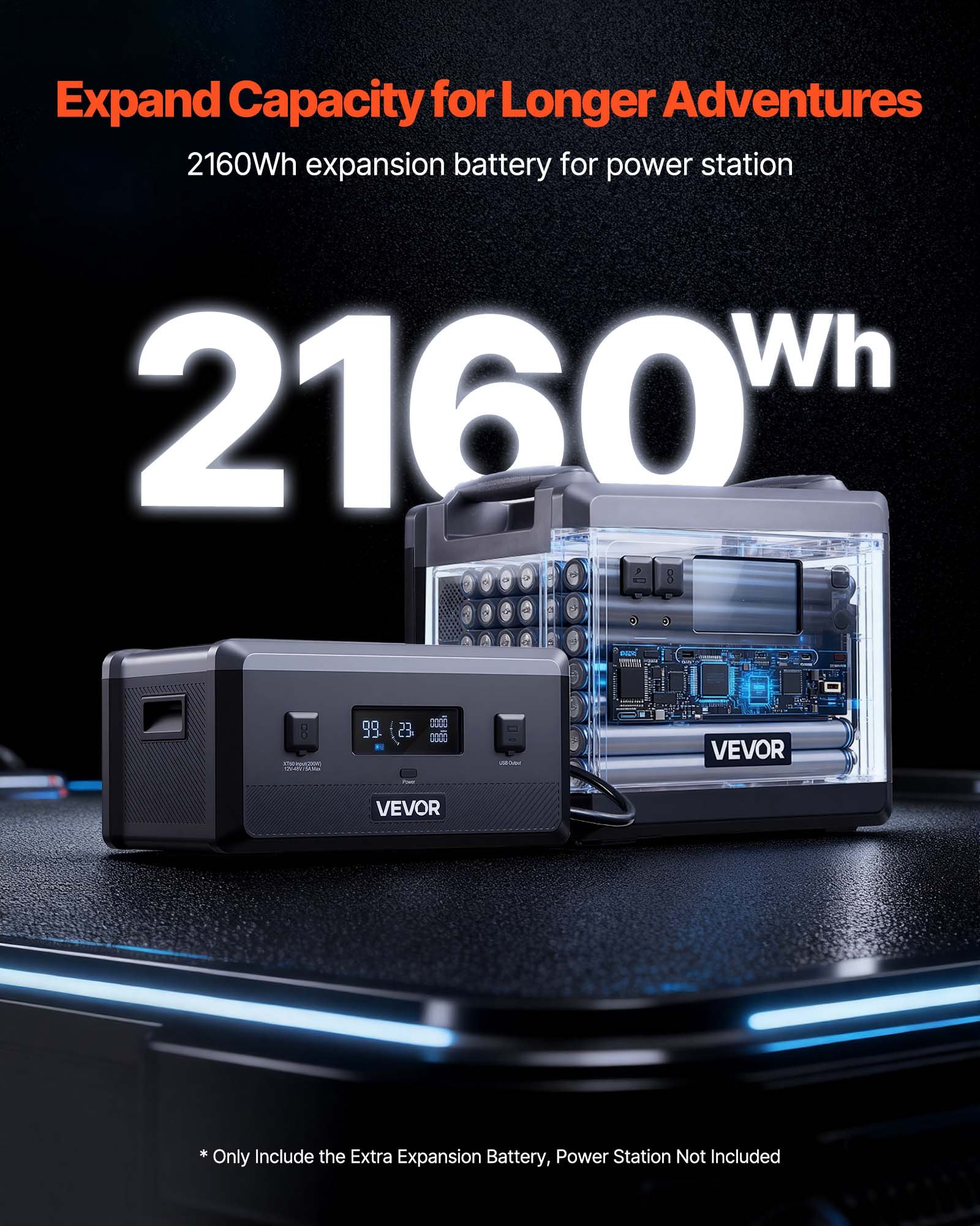VEVOR Zusatzakku für tragbare Powerstation, 2160 Wh LiFePO4-Erweiterungsakku mit 3 Anschlüssen, für Zuhause, Camping, Roadtrips, Wohnmobile und Notfälle (Powerstation & Solarpanel NICHT enthalten)
