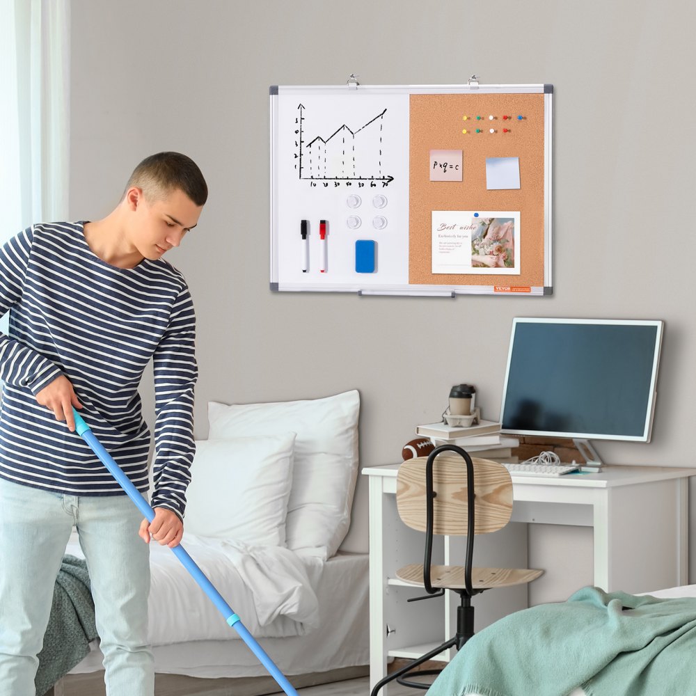 VEVOR 24"x18" Whiteboard & Korktafel-Kombination mit Aluminiumrahmen – 2-in-1 magnetische, trocken abwischbare Pinnwand zur Wandmontage – Ideal für Schule, Zuhause, Büro