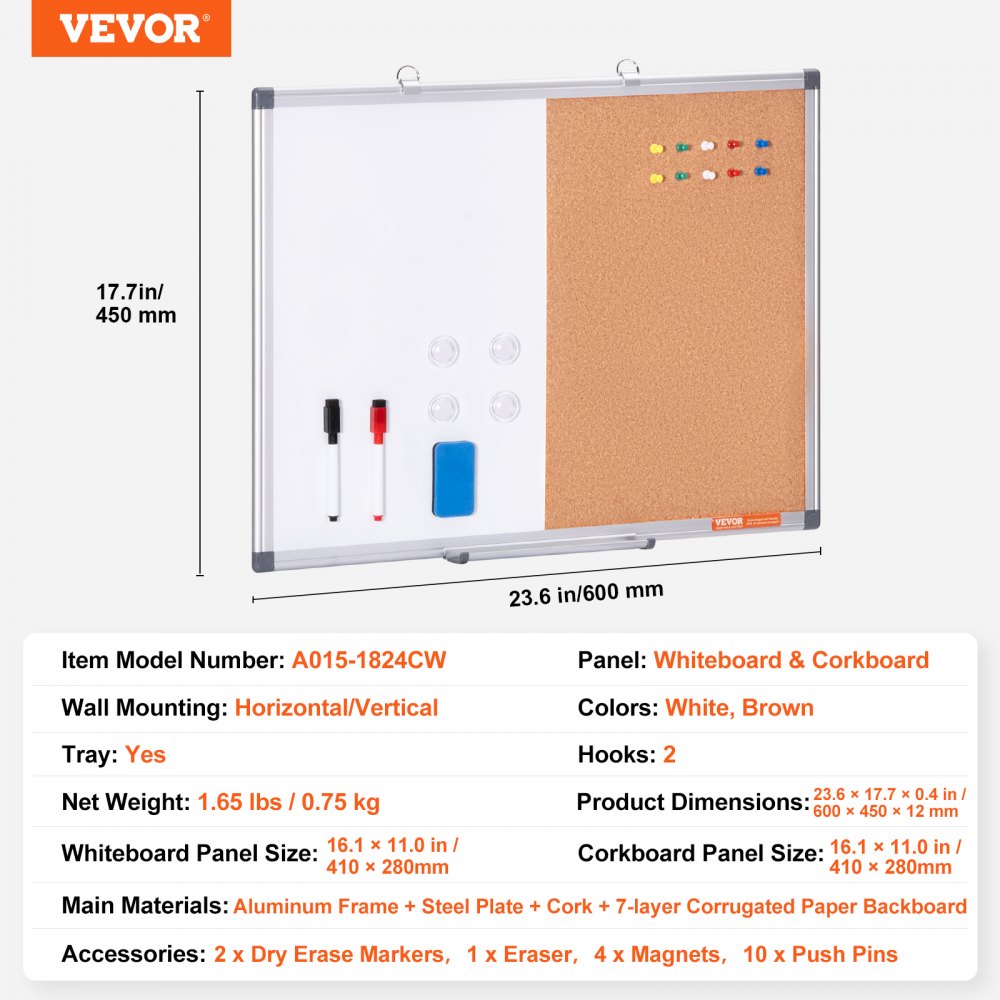 VEVOR 24"x18" Whiteboard & Corkboard Combination with Aluminum Frame – 2-in-1 Magnetic, Dry Erasable Wall-Mounted Pinboard – Ideal for School, Home, Office