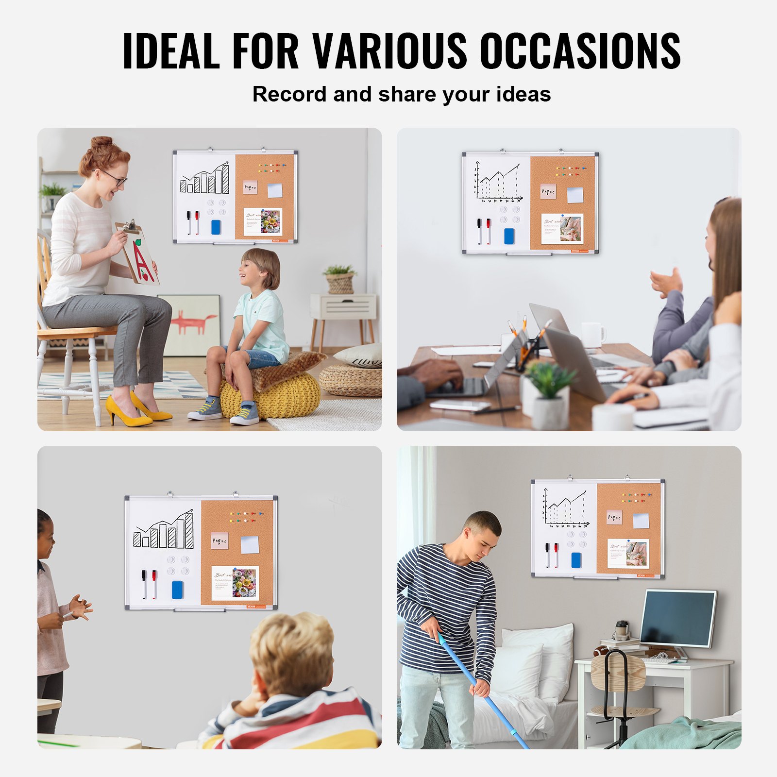 VEVOR 24"x18" Whiteboard & Korktafel-Kombination mit Aluminiumrahmen – 2-in-1 magnetische, trocken abwischbare Pinnwand zur Wandmontage – Ideal für Schule, Zuhause, Büro