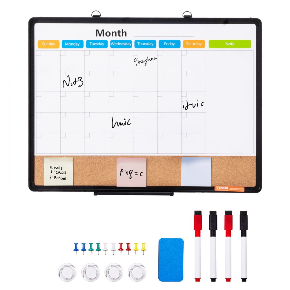 VEVOR 24" x 18" Monatskalender-Whiteboard und Korktafel-Kombination mit Aluminiumrahmen – 2-in-1 magnetische, trocken abwischbare Pinnwand zur Wandmontage – Ideal für Schule, Zuhause, Büro