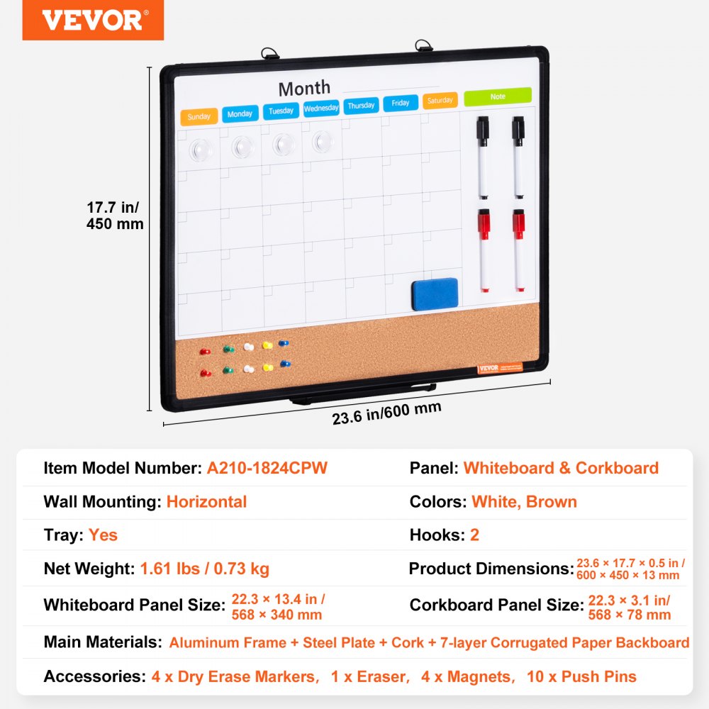 VEVOR 24" x 18" Monthly Calendar Whiteboard and Corkboard Combination with Aluminum Frame – 2-in-1 Magnetic, Dry Erasable Wall-Mounted Pinboard – Ideal for School, Home, Office