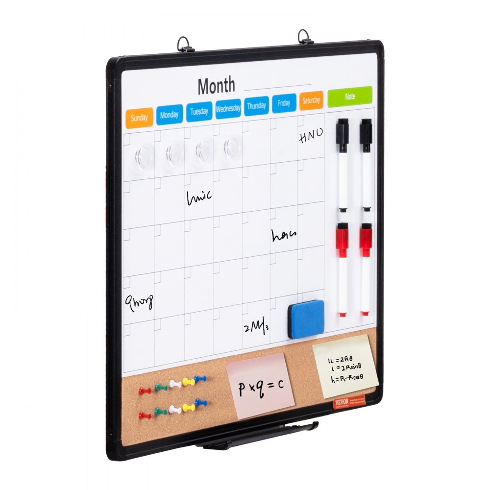 VEVOR 24" x 18" Monthly Calendar Whiteboard and Corkboard Combination with Aluminum Frame – 2-in-1 Magnetic, Dry Erasable Wall-Mounted Pinboard – Ideal for School, Home, Office