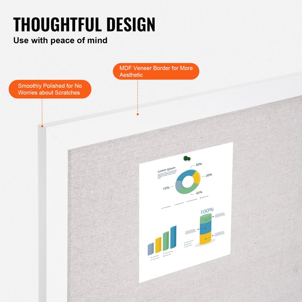 VEVOR 30"x20" weiße Korktafel mit Leinenoberfläche – Stilvolles Pinnwand zur Wandmontage für Zuhause, Schule, Büro – Elegantes und funktionales Schwarzes Brett