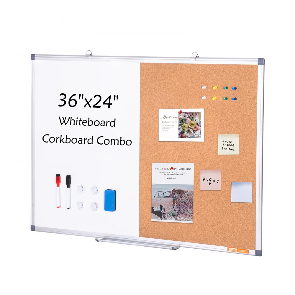 VEVOR 36" x 24" Whiteboard & Korktafel-Kombination mit Aluminiumrahmen – 2-in-1 magnetische, trocken abwischbare Pinnwand zur Wandmontage – Ideal für Schule, Zuhause, Büro