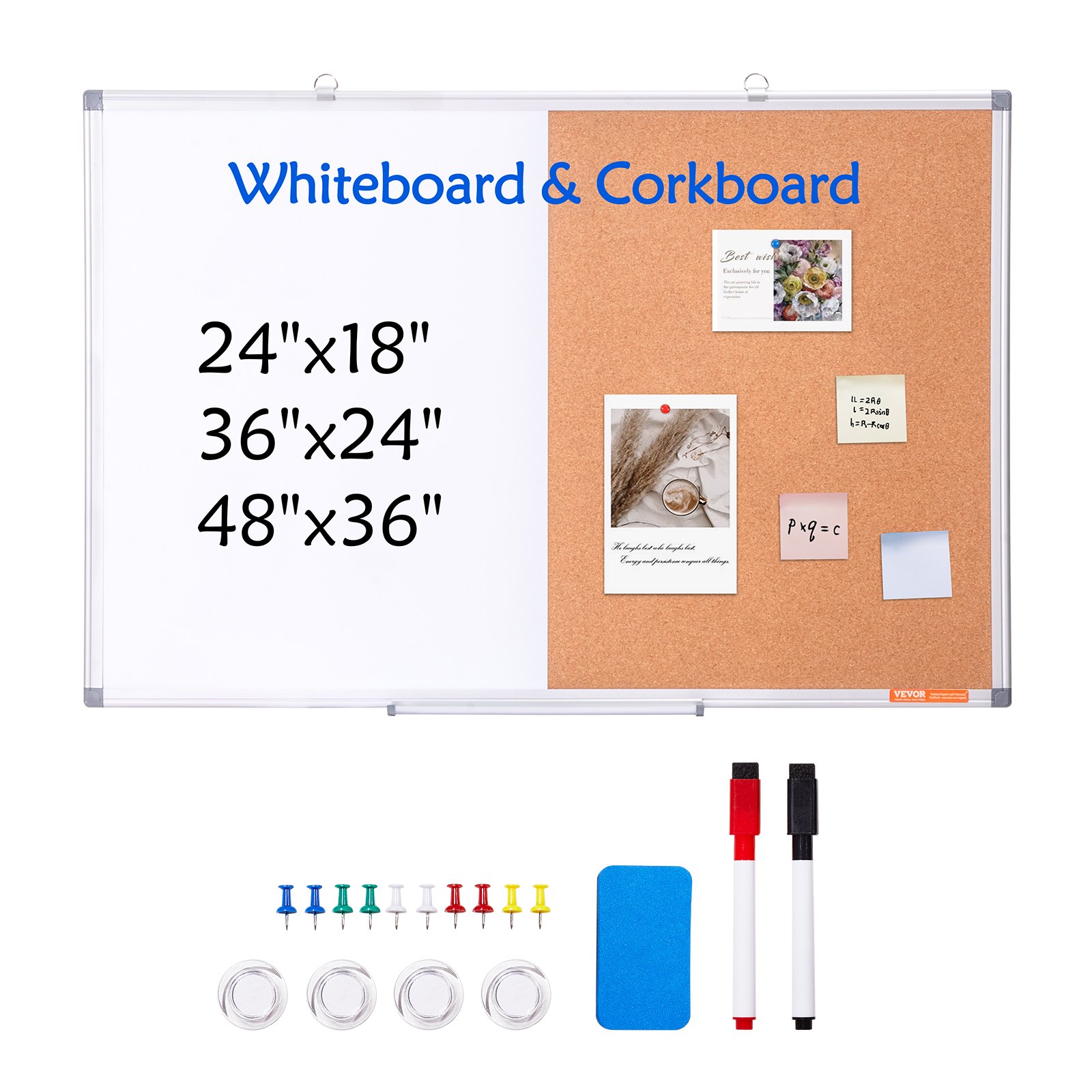 VEVOR 36" x 24" Whiteboard & Korktafel-Kombination mit Aluminiumrahmen – 2-in-1 magnetische, trocken abwischbare Pinnwand zur Wandmontage – Ideal für Schule, Zuhause, Büro