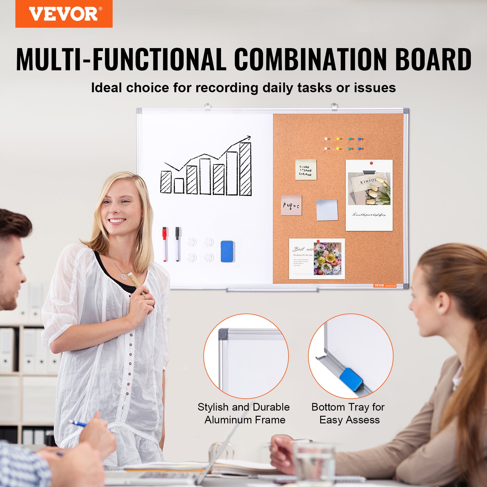 VEVOR 36" x 24" Whiteboard & Corkboard Combination with Aluminum Frame – 2-in-1 Magnetic, Dry Erasable Wall-Mounted Pinboard – Ideal for School, Home, Office