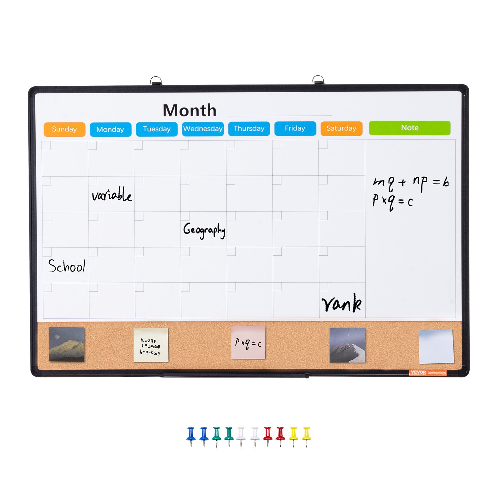 VEVOR 36" x 24" Monthly Calendar Whiteboard and Corkboard Combination with Aluminum Frame – 2-in-1 Magnetic, Dry Erasable Wall-Mounted Pinboard – Ideal for School, Home, Office