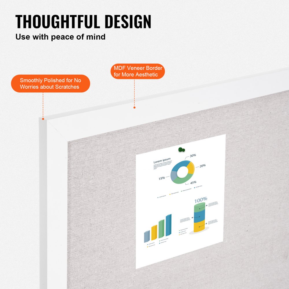 VEVOR 36"x24" weiße Korktafel mit Leinenoberfläche – stilvolle wandmontierte Pinnwand für Zuhause, Schule, Büro – elegantes und funktionales Schwarzes Brett