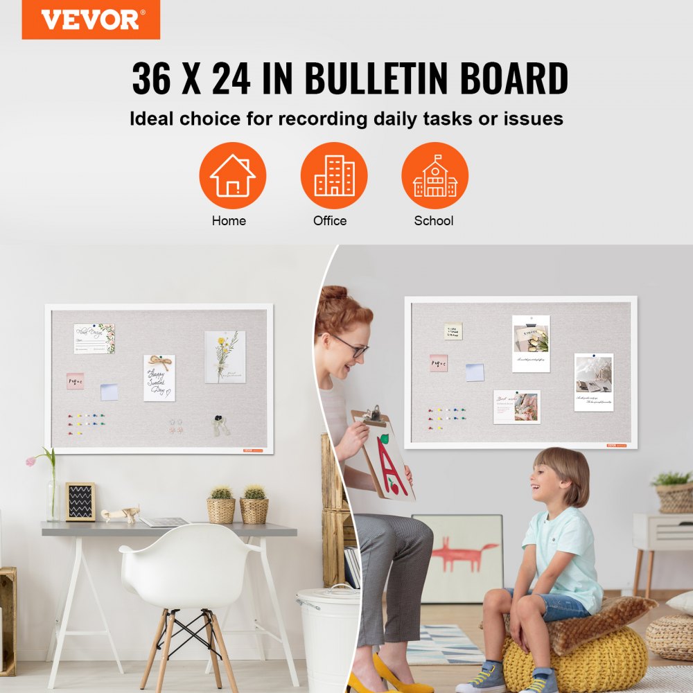 VEVOR 36"x24" white corkboard with linen surface – stylish wall-mounted pinboard for home, school, office – elegant and functional blackboard