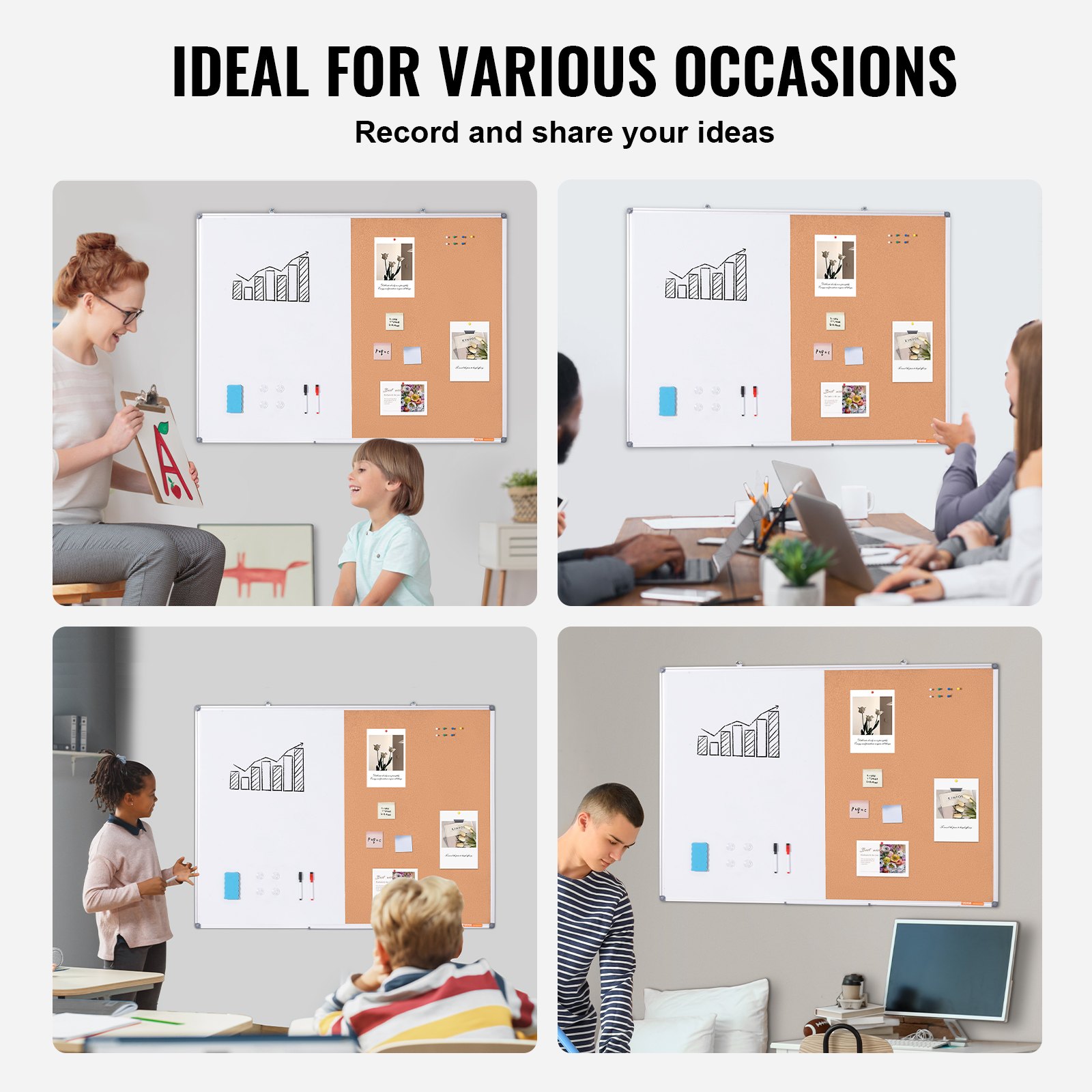 VEVOR 48" x 36" Whiteboard & Corkboard Combination with Aluminum Frame – 2-in-1 Magnetic, Dry Erasable Wall-Mounted Pinboard – Ideal for School, Home, Office