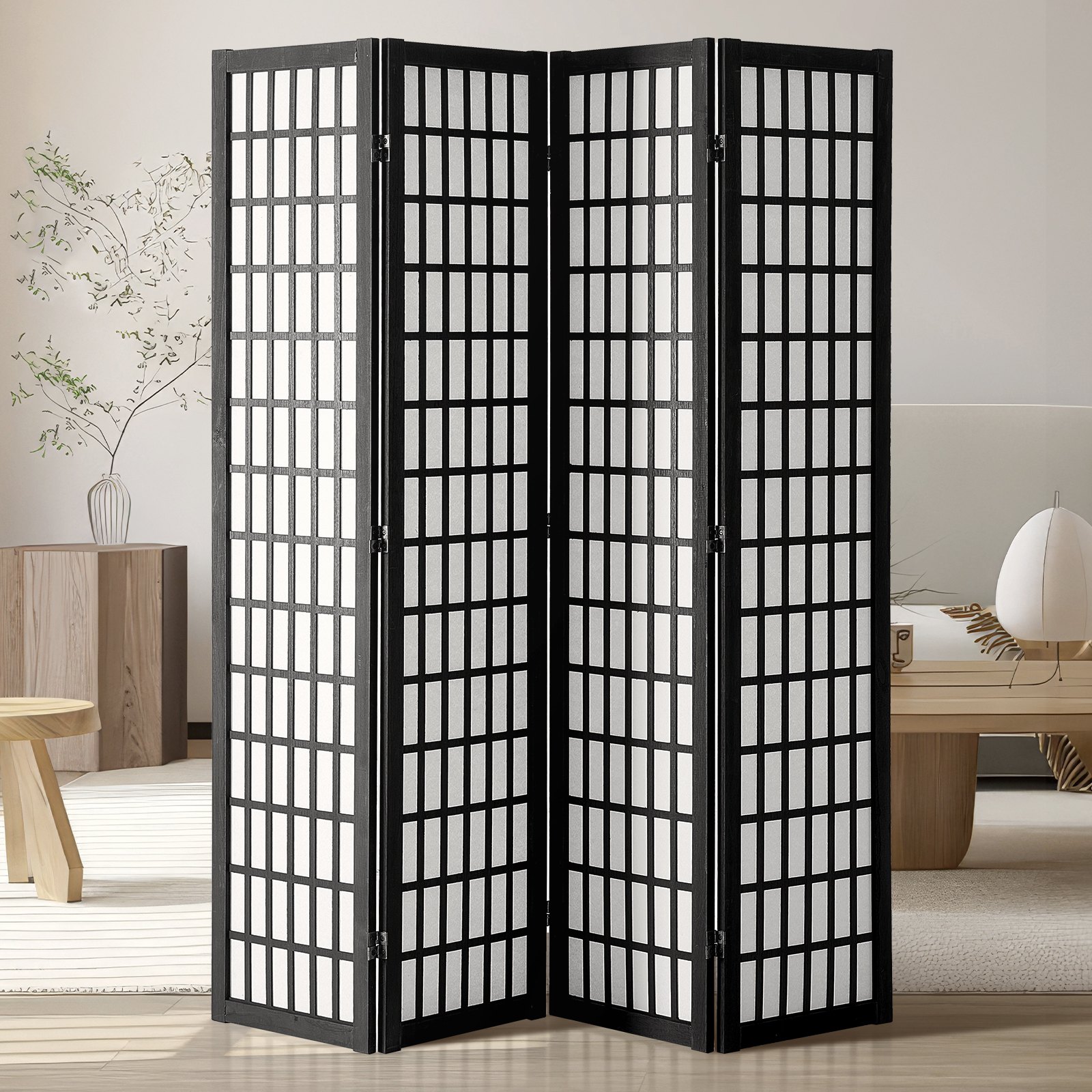VEVOR 4-piece Japanese room divider, foldable wooden privacy screen for indoor use, Japanese partitions, portable decorative screens for room separation in restaurants & bedrooms