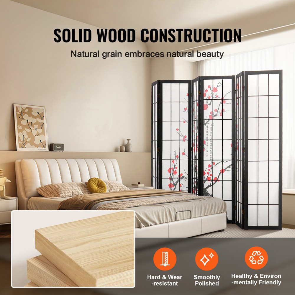 VEVOR 6-teiliger japanischer Raumteiler faltbarer Sichtschutz aus Holz Indoor, Trennwände mit Kirschblütenmalerei tragbare Dekorationsschirme zur Raumtrennung für Restaurant & Schlafzimmer