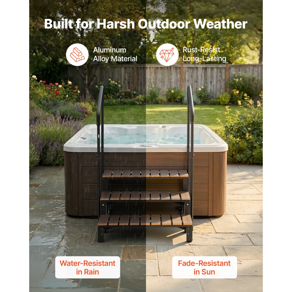 VEVOR Treppe für Whirlpools mit Handläufen 3-stufig 82 cm Breite Stufe, Geeignet für Aufstell-/Aufblaspools, Wohnmobile, Terrassen und Decks, Ruschfeste Stufe aus Stahlkonstruktion mit HIPS-Gestell