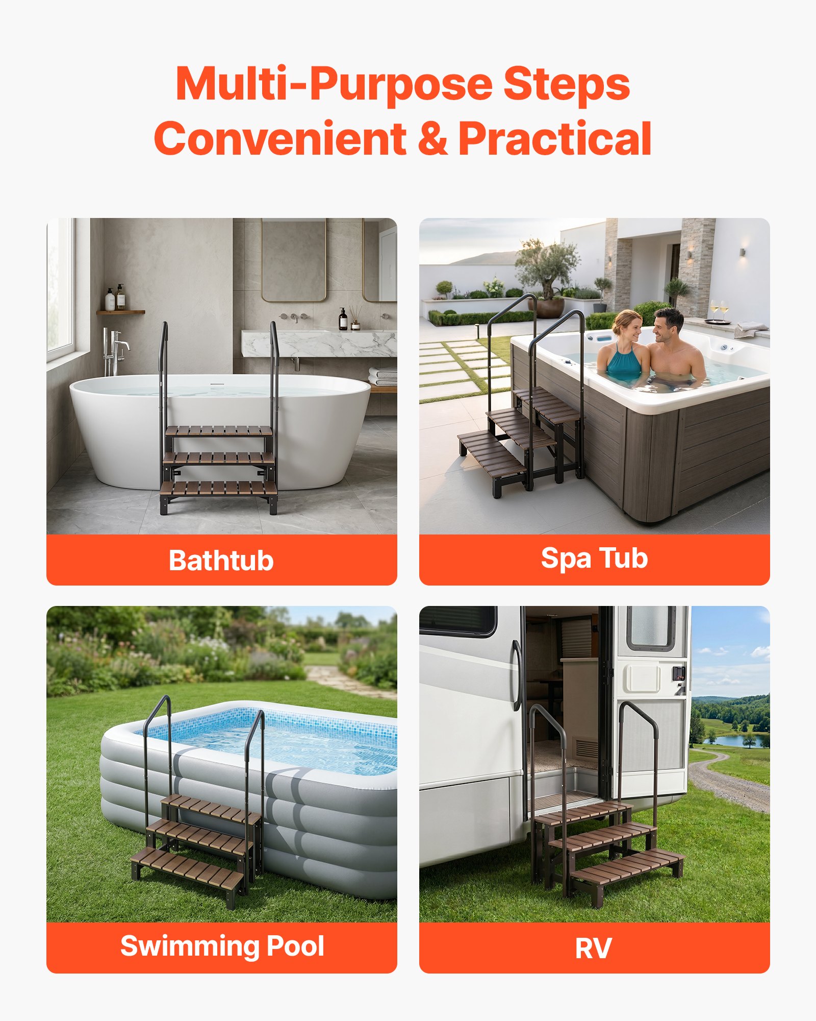 VEVOR Treppe für Whirlpools mit Handläufen 3-stufig 82 cm Breite Stufe, Geeignet für Aufstell-/Aufblaspools, Wohnmobile, Terrassen und Decks, Ruschfeste Stufe aus Stahlkonstruktion mit HIPS-Gestell