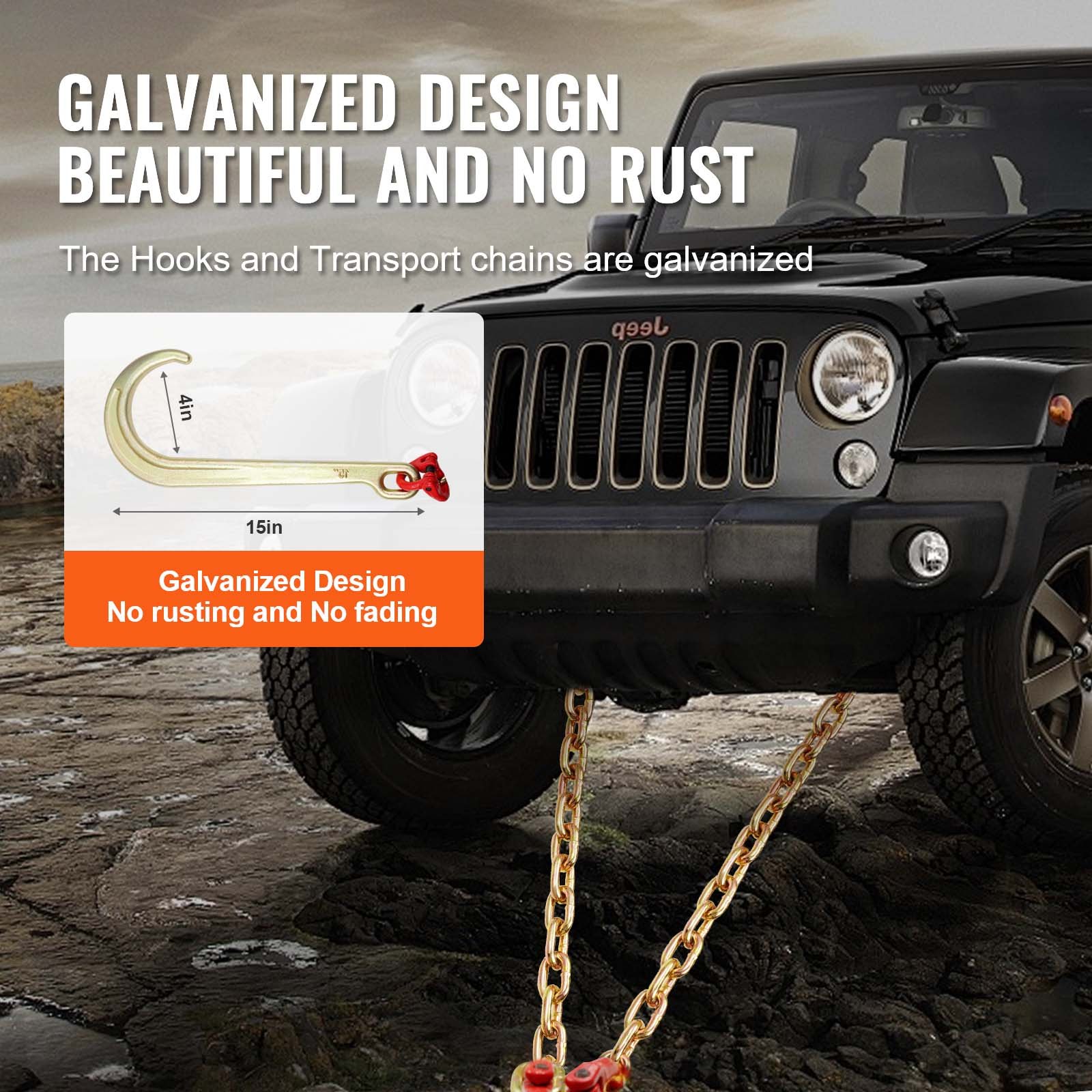 VEVOR G80 V-Zaumkette, 3/8 Zoll x 2 Fuß Abschleppkette mit 15 Zoll J-Haken, T-Haken und Greifhaken, Schwerlast-Transportschleppkette mit 7800 lbs sicherer Arbeitslast für die Bergung von Pritschenwagen