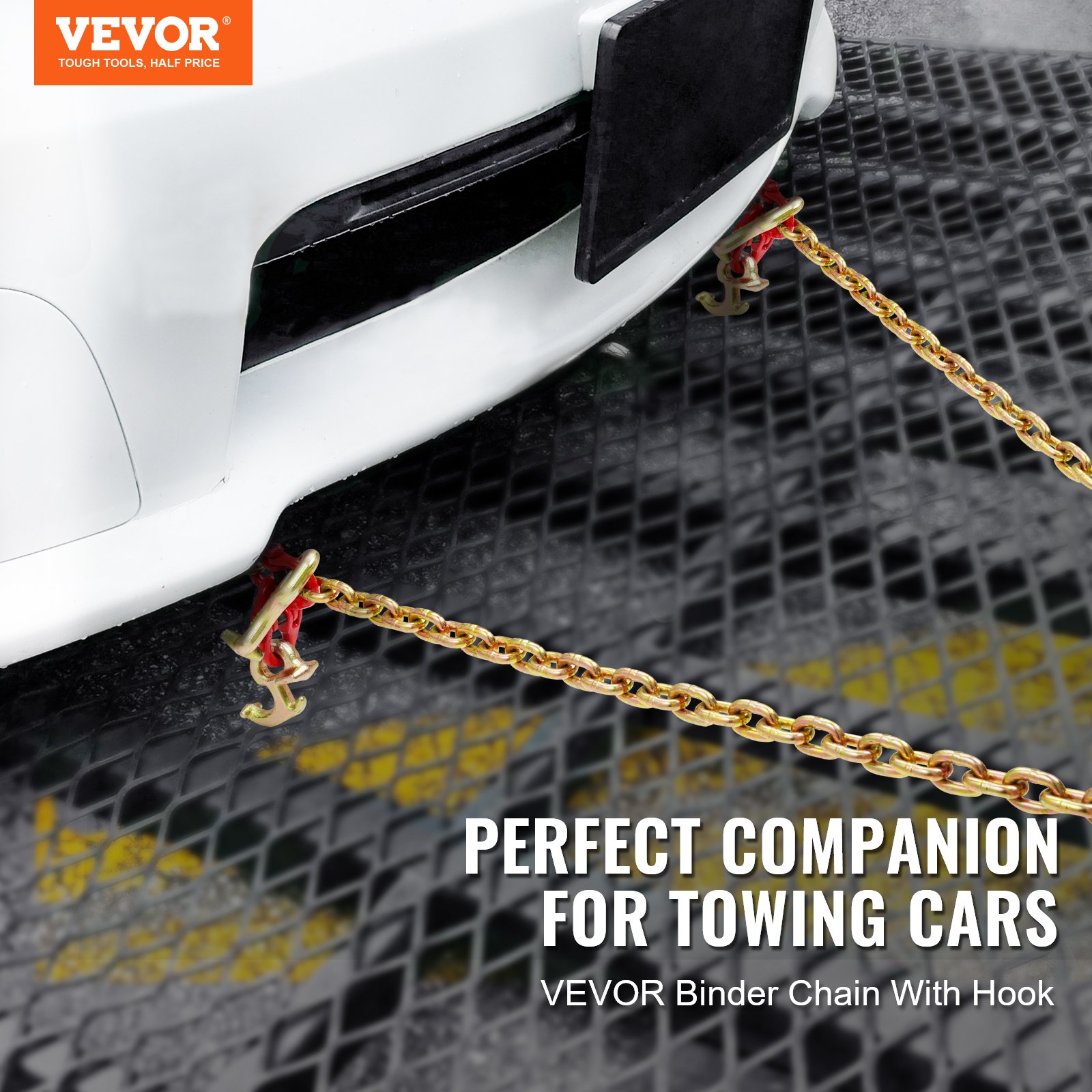 VEVOR G80 V-cable chain, 5/16 inch x 3 foot tow chain with R-hook, T-hook, J-hook and grab hook, transport tow chain with 10800 lbs safe working load for flatbed truck recovery