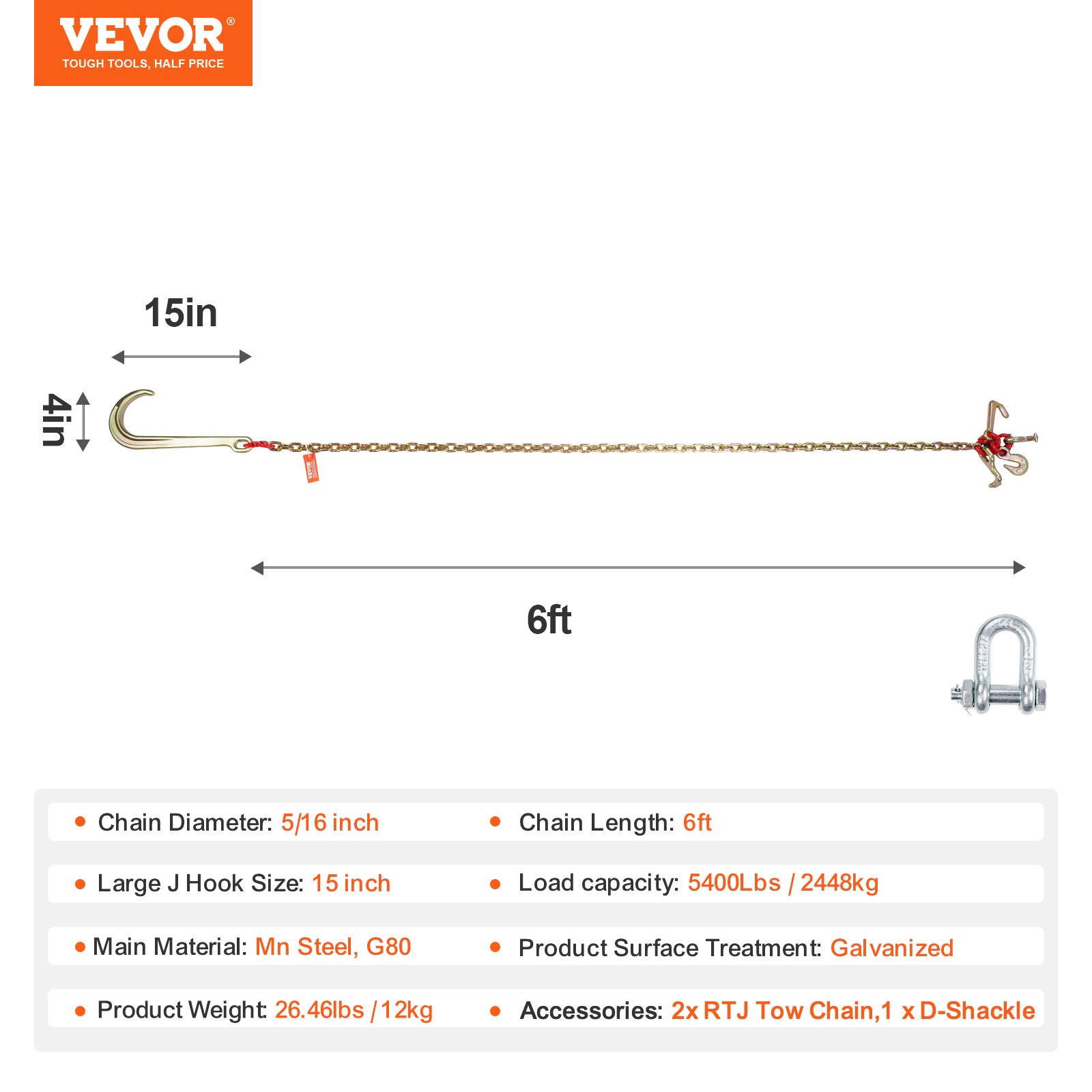 VEVOR J-Hook Chain, 2 pieces, 5/16 inch x 6 foot G80, 15 inch long shank J-hook tow chain with RTJ cluster hook and grab hook, 5400 lbs working load, heavy-duty transport truck chain for towing trailers