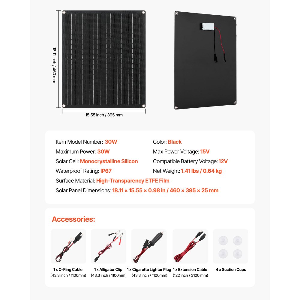 VEVOR 30 W 12 V Solarpanel-Batterieladegerät, Monokristallines Solarpanel-Kit mit integriertem Smart Controller & 3 Verbindungskabeln, tragbar für RV, Auto, Motorrad, Boot, Van, Camper