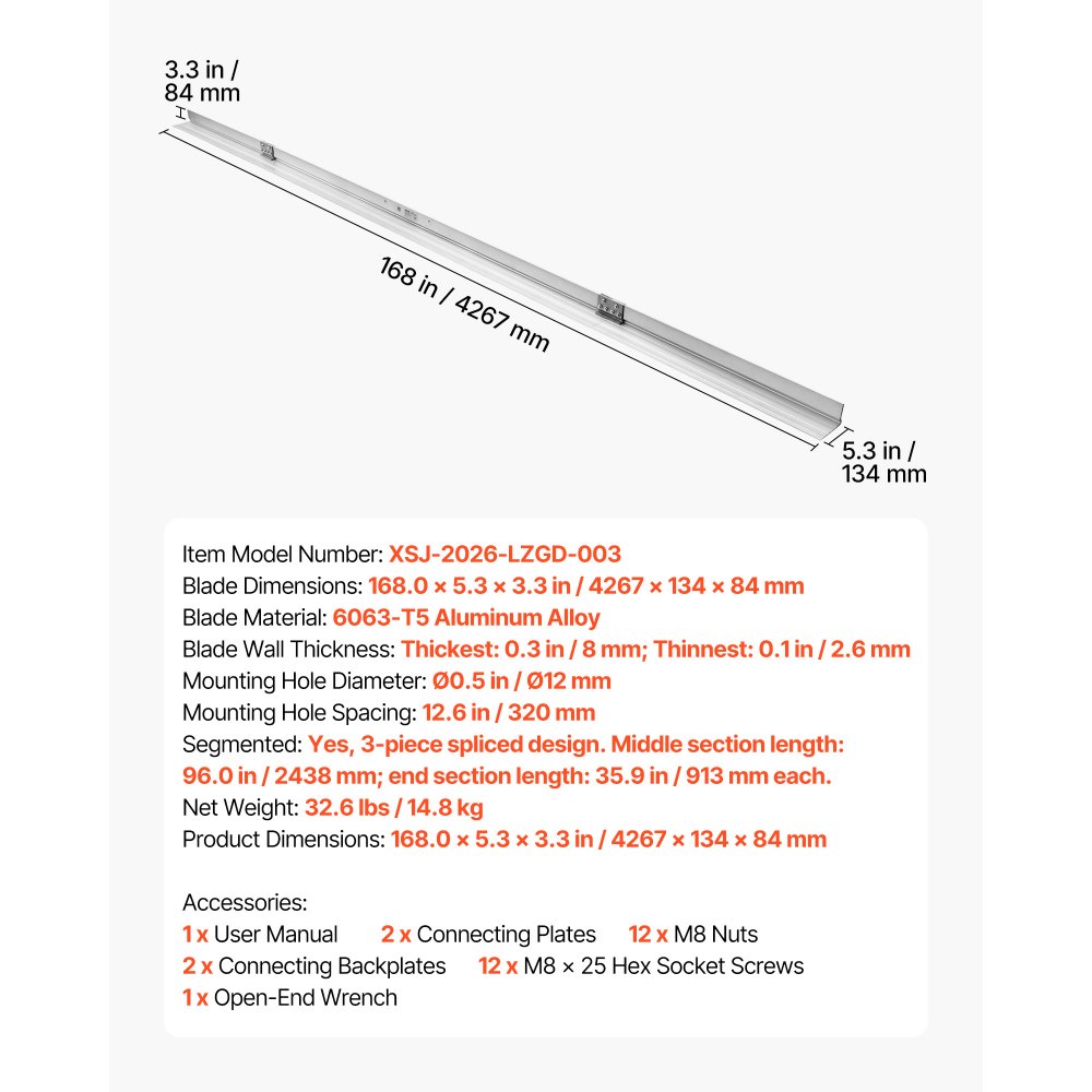 VEVOR 4267mm Glättbohle Estrichkelle aus Aluminiumlegierung Beton Abzieher, 134mm Breite für Große Abdeckung, Betonrüttler-Ersatzteil, Nivelliergerät zum Glätten Abziehen für Straßenbau Bodenebnung