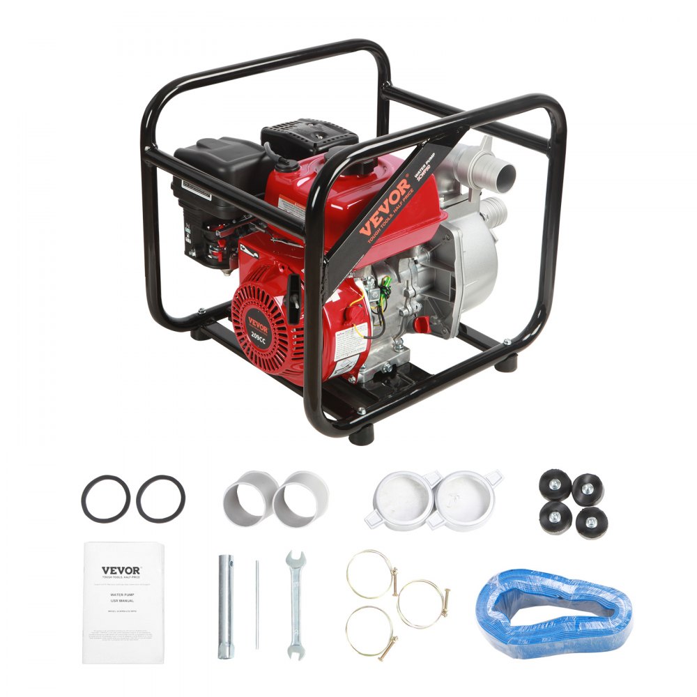 VEVOR Benzin Motorpumpe, 50 mm, 7 PS, 45 m, Hub, 7 m Saugkraft, 4-Takt gasbetriebene Schmutzwasserpumpe, tragbarer Hochdruck mit 7,6 m Schlauch für Bewässerungspool, EPA-zertifiziert
