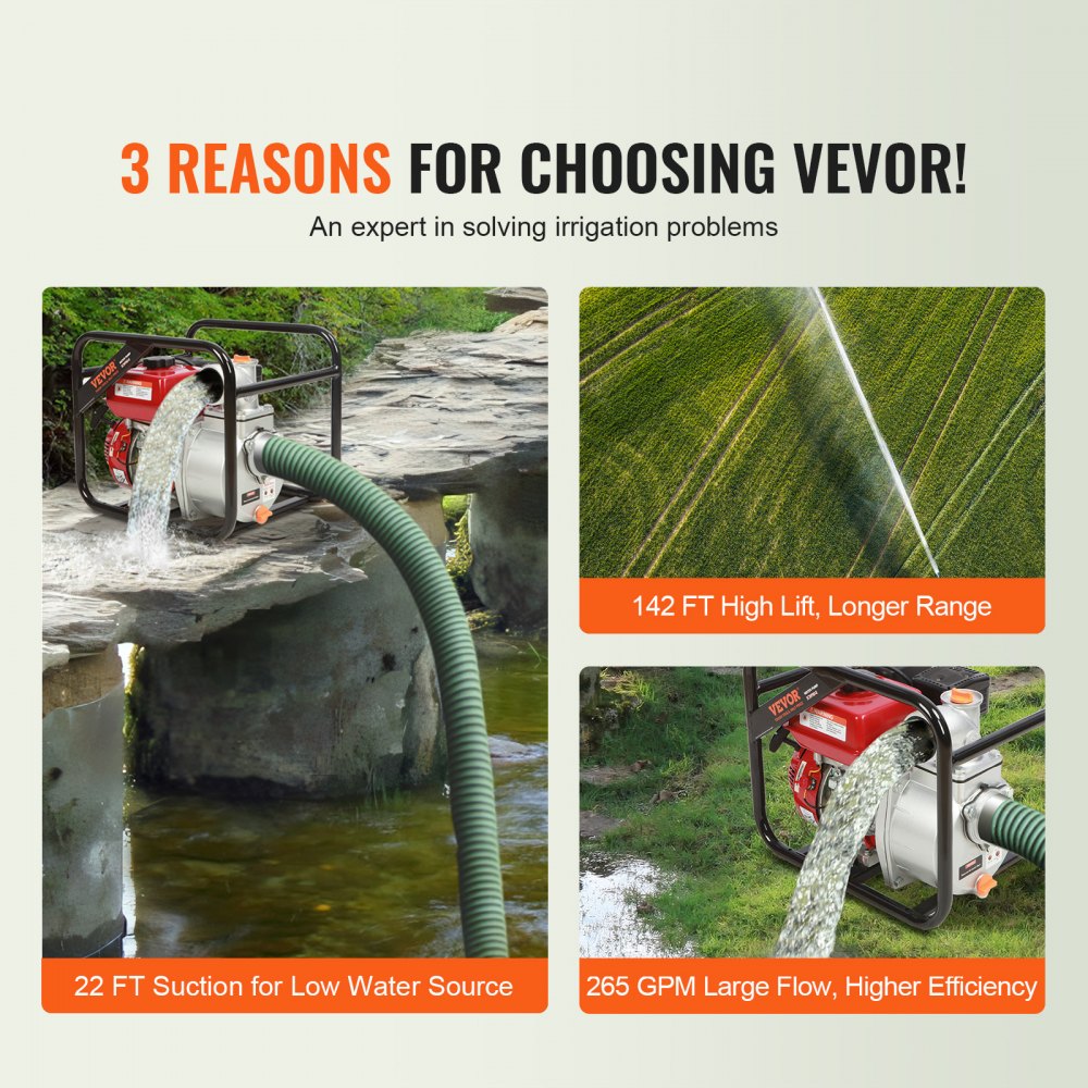 VEVOR Benzinmotor-Wasserpumpe ca. 8cm, 7PS, 265GPM, ca. 43m Hub, 7m Saugleistung 4-Takt-gasbetriebene Schmutzwassertransferpumpe tragbarer Hochdruck mit Schlauch für Bewässerungspool EPA-zertifiziert