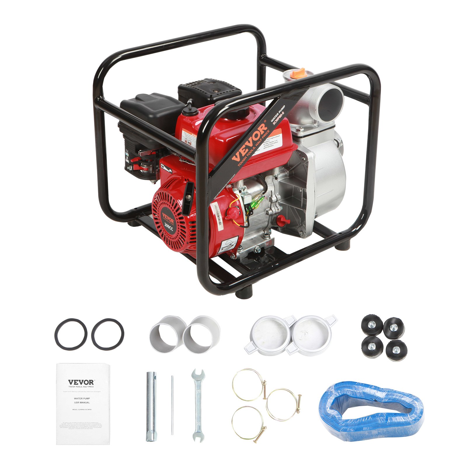 VEVOR Benzinmotor-Wasserpumpe ca. 8cm, 7PS, 265GPM, ca. 43m Hub, 7m Saugleistung 4-Takt-gasbetriebene Schmutzwassertransferpumpe tragbarer Hochdruck mit Schlauch für Bewässerungspool EPA-zertifiziert