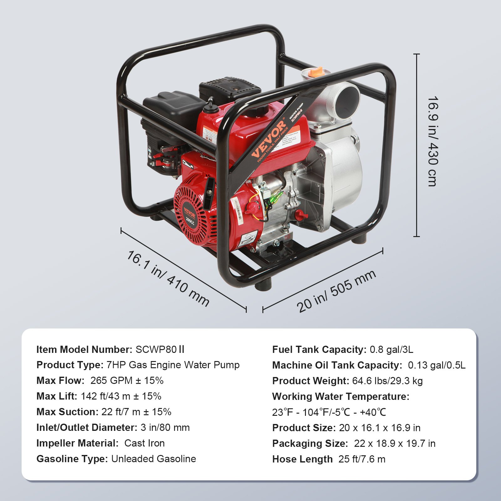 VEVOR Gasoline Engine Water Pump approx. 8cm, 7HP, 265GPM, approx. 43m Lift, 7m Suction Power 4-Stroke Gas-Powered Dirty Water Transfer Pump Portable High Pressure with Hose for Irrigation Pool EPA Certified