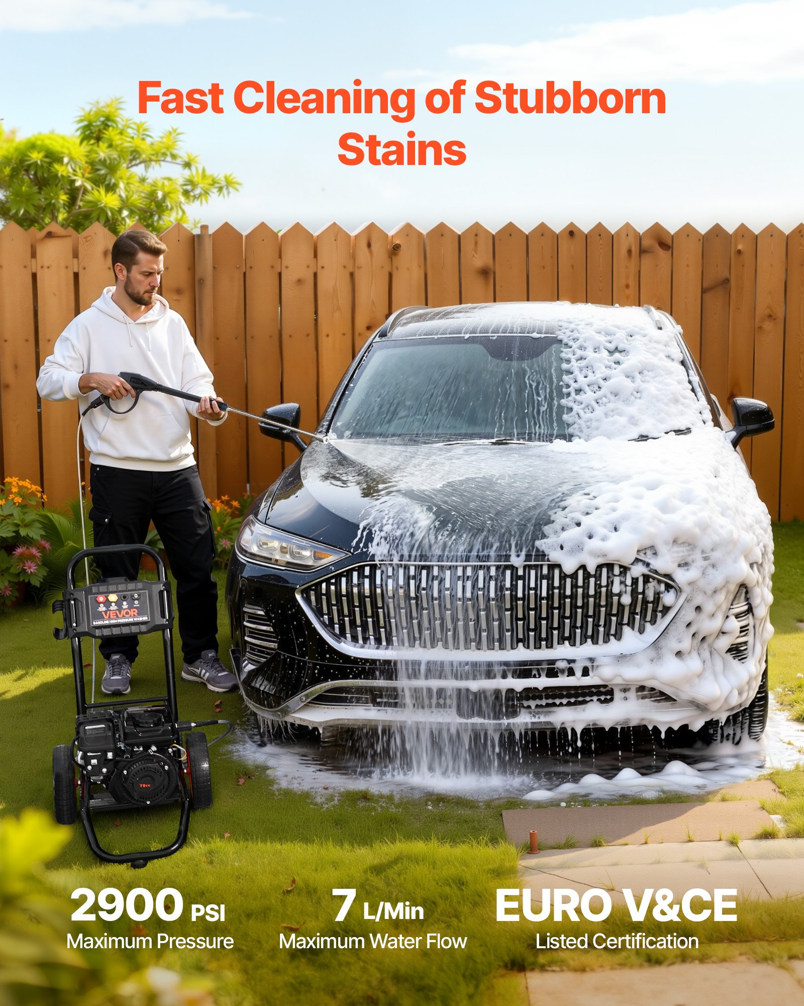 VEVOR Benzin-Hochdruckreiniger, 200 bar, Terrassenreiniger Stehend, Aluminiumpumpe mit Spritzpistole Lanze, 4 Düsen, Reinigungsmaschine für Autos, Zäune, Einfahrten, Häuser, Terrassen & Gartenmöbel