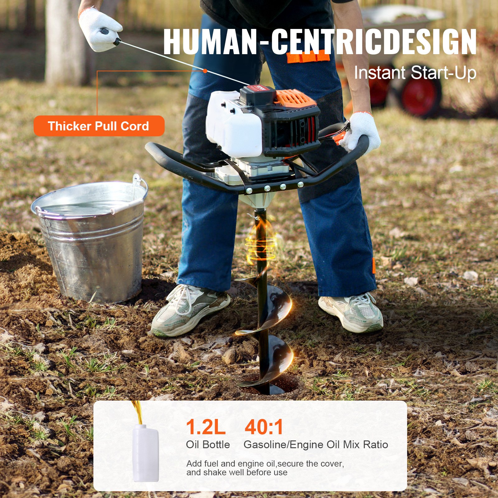 VEVOR Erdbohrer mit Benzinmotor, 43 CC, 1250 W, Benzinbohrer mit 8-Zoll-Bohrkronen, Lochspaten für Pfostenzäune für Ackerland, Gartenpflanzen, Orange+Schwarz