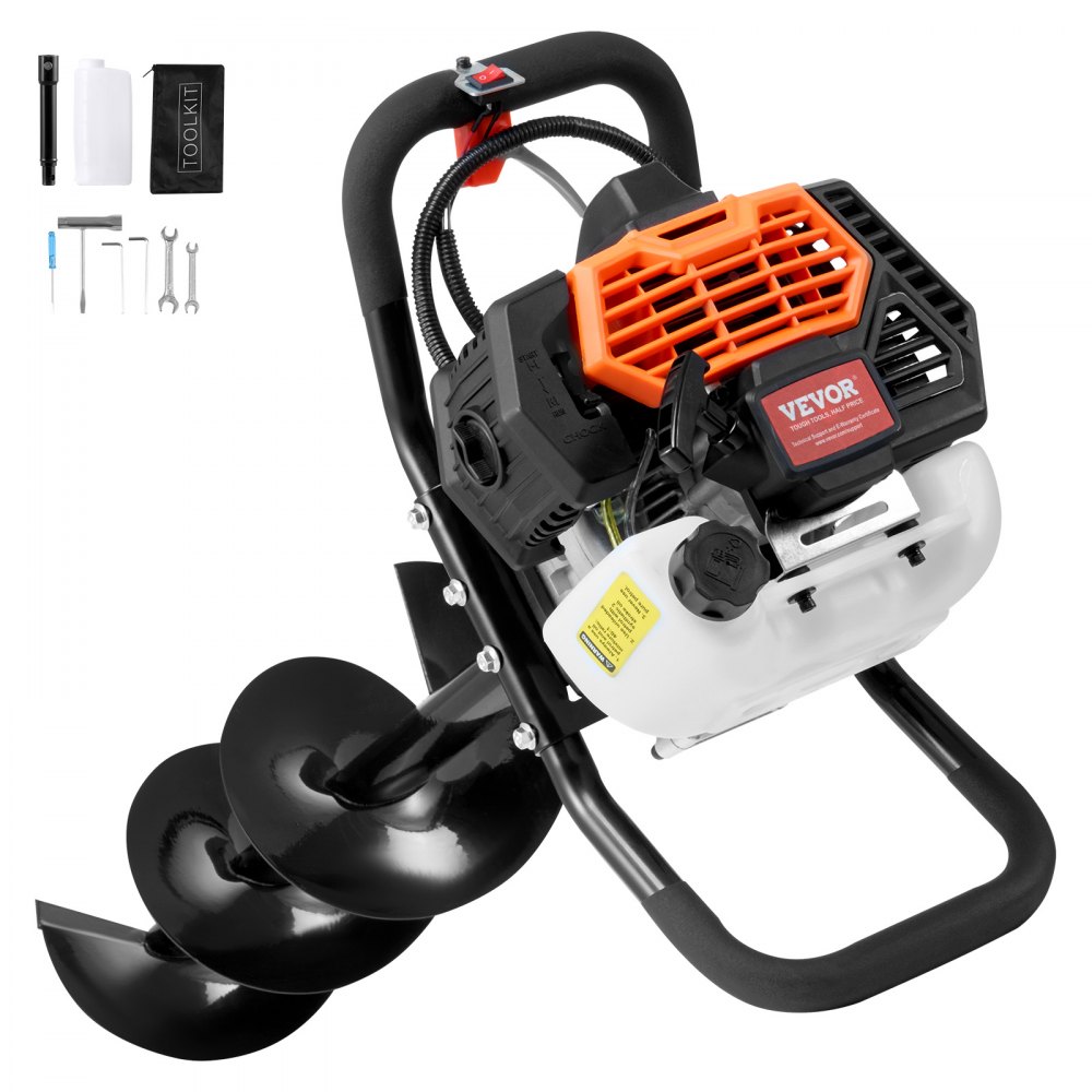 VEVOR Erdbohrer mit Benzinmotor, 52 CC, 1450 W, Benzinbohrer mit 8-Zoll-Bohrkronen und 1 Verlängerungsstange, Lochbohrer für Pfostenzäune für Ackerland, Gartenpflanzen, Orange+Schwarz