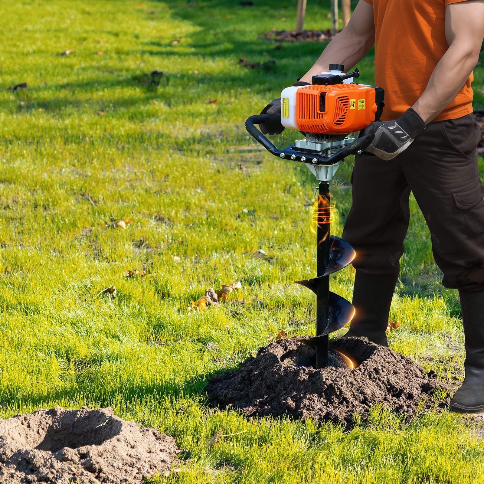 VEVOR Erdbohrer mit Benzinmotor, 63 CC, 2400 W, Benzinbohrer mit 8-Zoll-Bohrkronen und 1 Verlängerungsstange, Lochbohrer für Pfostenzäune für Ackerland, Gartenpflanzen, Orange+Schwarz