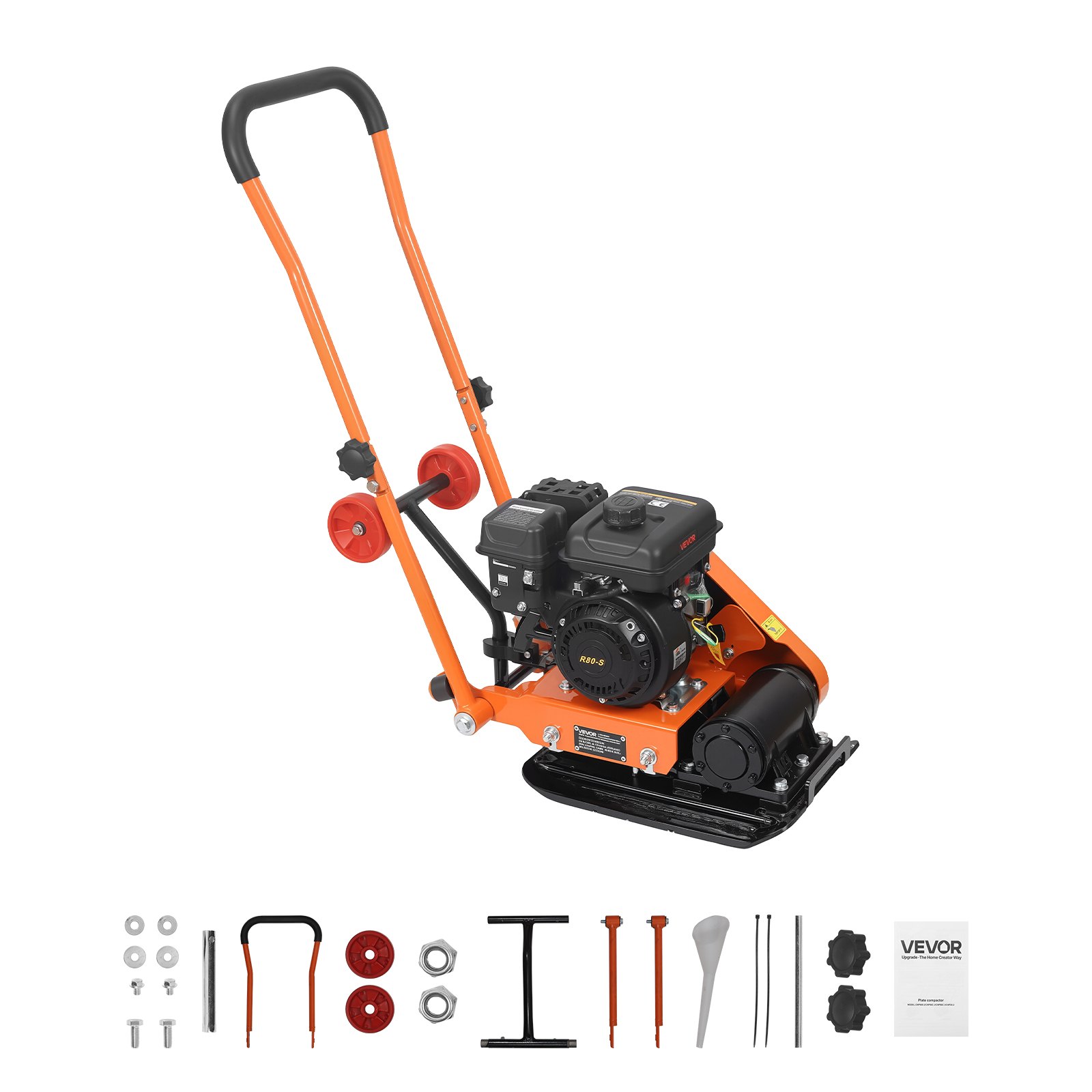 VEVOR Benzin Rüttelplatte, 2 PS (79 CC) Motor, 5250 U/min Vibrationsstampfer, Verdichter 8 kN Verdichtungsdruck, 410x315 mm Platte, Handgeführte Rütteler für Pflasterarbeiten, Asphalt & Fundamente