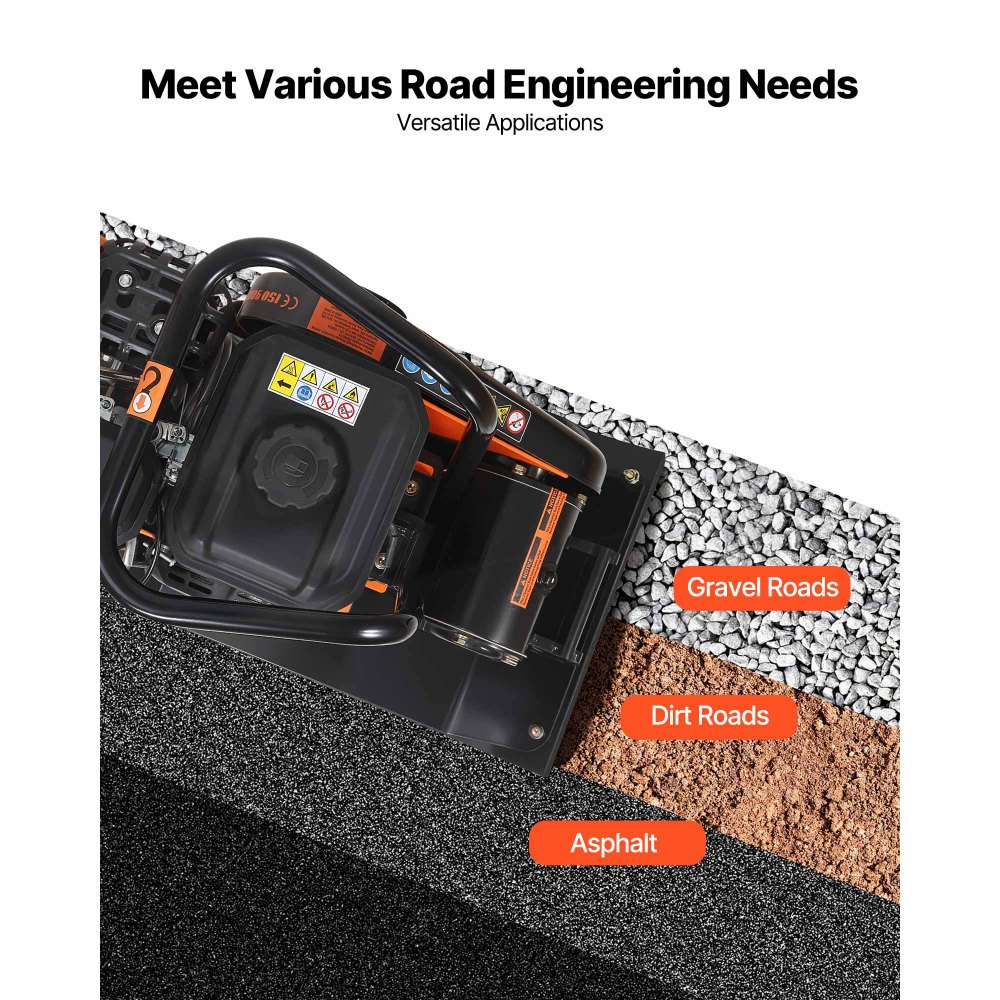 VEVOR Benzin Rüttelplatte, 6,5 PS (196 CC) Motor, 5600 U/min Vibrationsstampfer, 10,5 kN Verdichtungsdruck, 510x370 mm Platte, Handgeführter Rüttler für Pflasterarbeiten, Asphalt & Fundamente