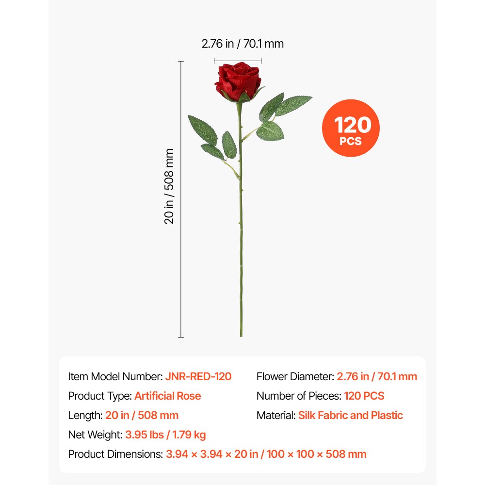 VEVOR Kunstblumen Gefälschte Rosen mit Stielen 120 Bündel Kunstpflanze Rot, Künstlicher Blumenstrauß als Deko für Zuhause Café & Hochzeit, aus Seidenstoff & Kunststoff, Pflegefreie Kunstpflanze, DIY