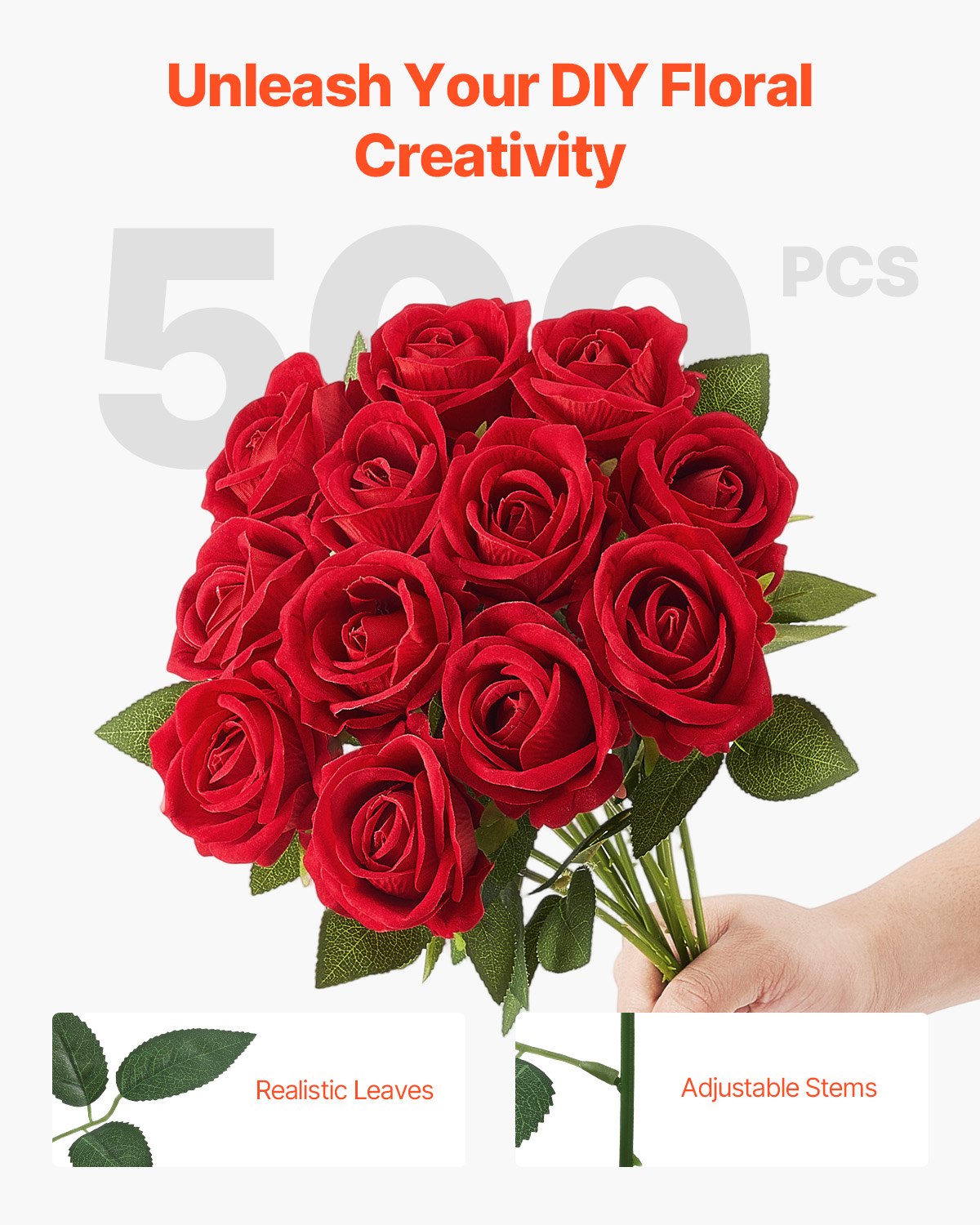 VEVOR Künstliche Blumen Rosen, 500 Stück Kunstblumen, Rote Gefälschte Rose mit Stielen, Schaumrosen für DIY Hochzeit Blumensträuße Braut Valentinstag Muttertag Zuhause Dekoration