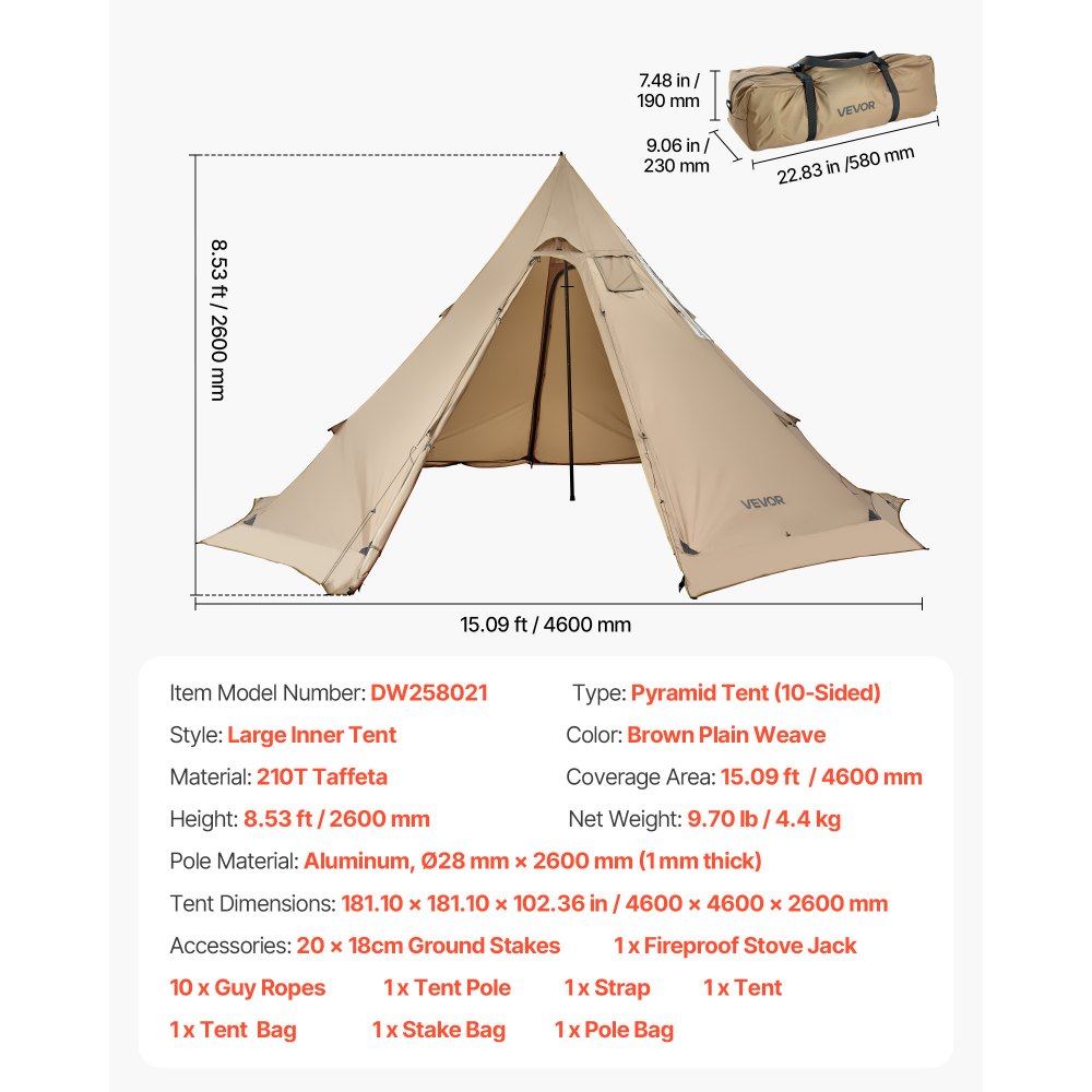 VEVOR Tipi Zelt für 4–6 Personen, tragbares Indianerzelt mit Ofenanschluss, Campingzelte aus Segeltuch, leichte 4-Jahreszeiten-Schutzzelte zum Wandern, Angeln und Rucksackreisen, Größe L