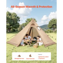 VEVOR Campingzelt für 4 Personen, tragbares Tipi-Zelt mit Ofenanschluss, Pyramidenzelt aus Segeltuch, leichte 4-Jahreszeiten-Schutzzelte zum Wandern, Angeln und Rucksackreisen, Größe M