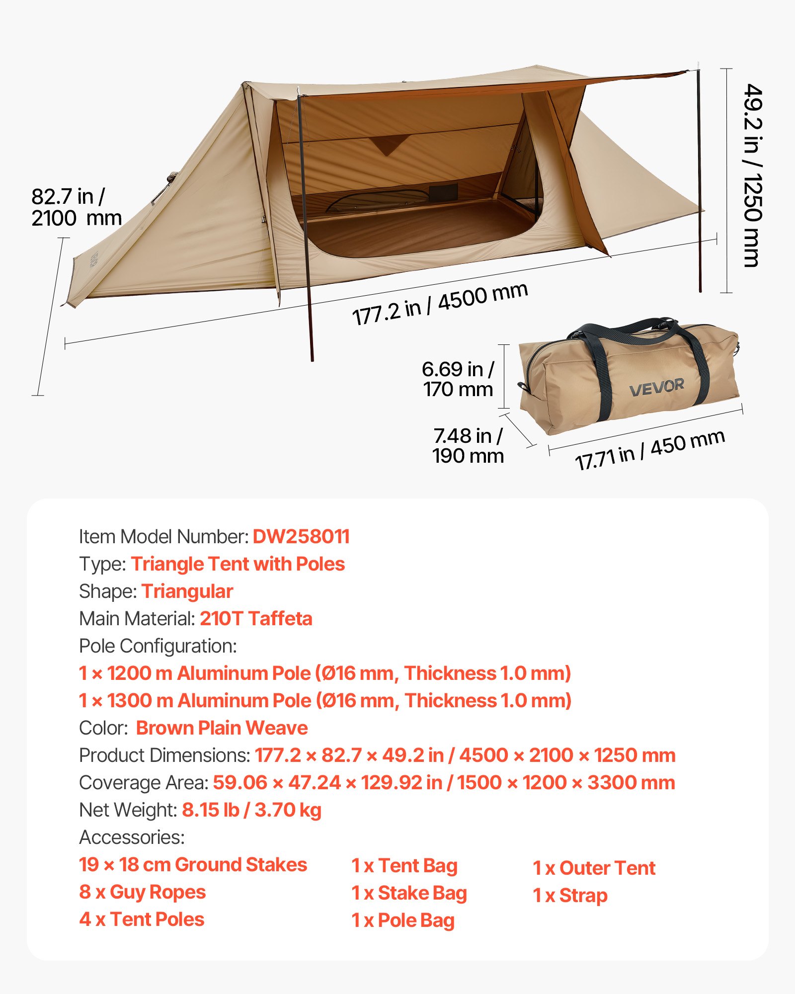VEVOR Campingzelt, leichtes Bushcraft-Zelt mit Ofenanschluss & 2 Planenstangen, Winterzelte, tragbare 4-Jahreszeiten-Zelte für 2 Personen zum Wandern, Angeln, Jagen & Rucksackreisen