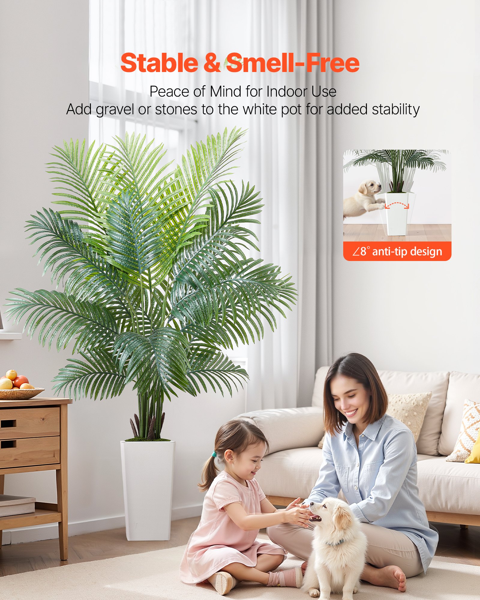 VEVOR Artificial Areca Palm Tree 1829 mm, Fake Palm Tropical Plants with White Tall Planter, Faux Floor Silk Plant in Pot, Large Trees for Home Office Living Room Decor House Warming, Indoor Outdoor