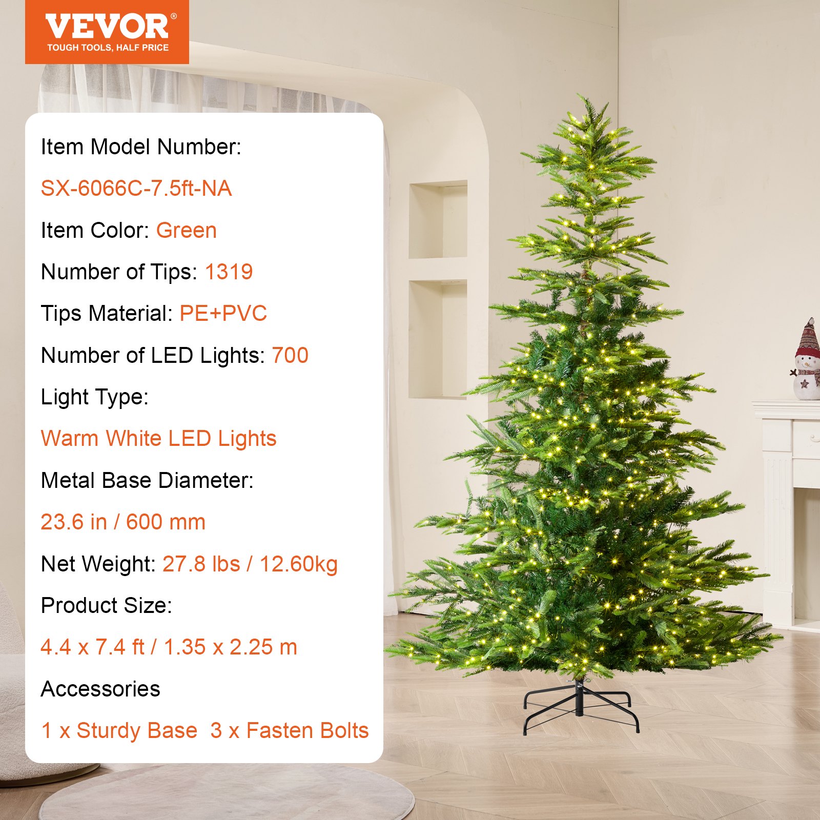 VEVOR Christmas tree, 1.35 x 2.25 m, artificial Christmas tree, fir tree with 700 warm white LED lights, 1319 branch tips, metal base for decoration at home, at parties and in the office
