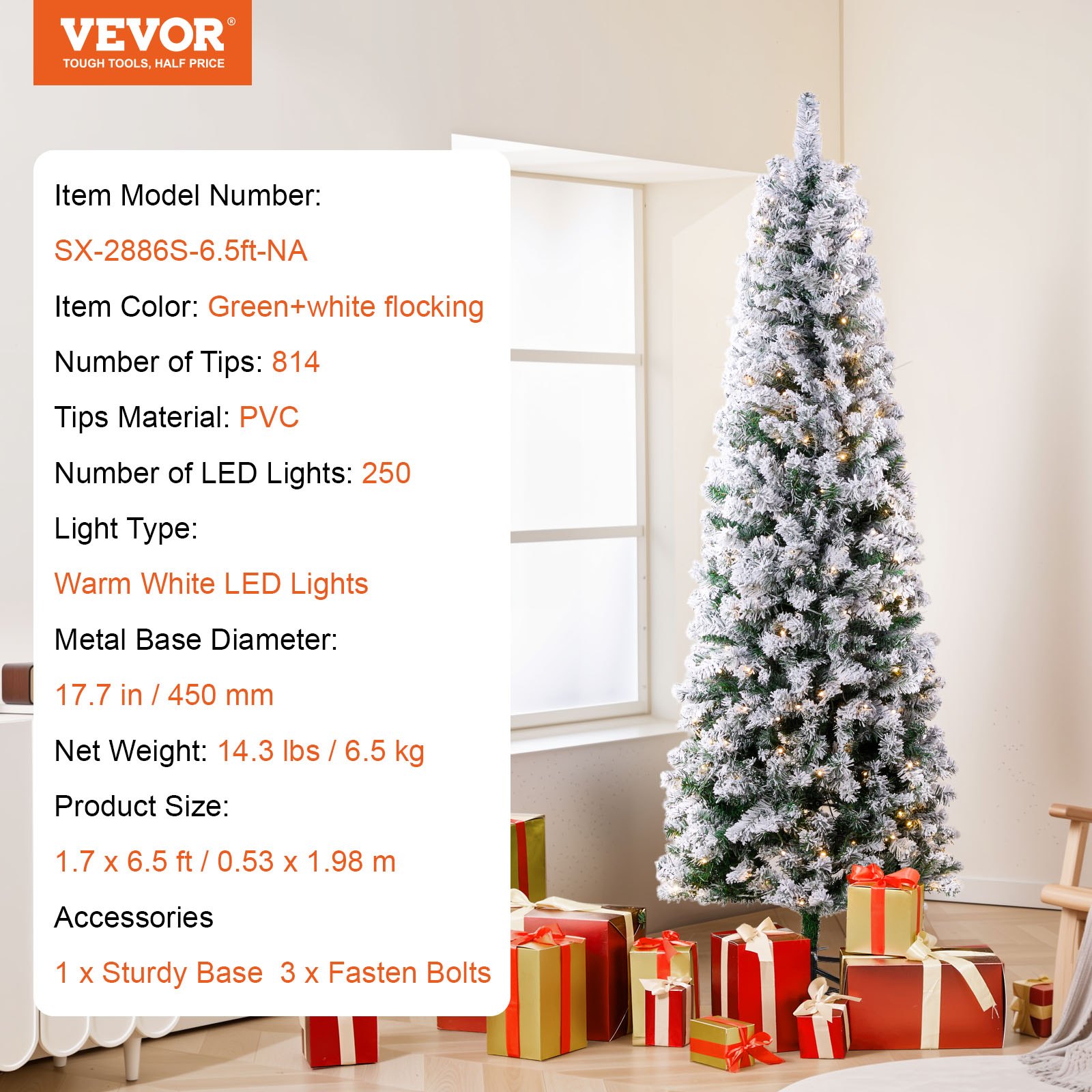VEVOR Christmas Tree, 0.53 x 1.98 m, flocked Christmas tree, lifelike fir tree with 250 white LED lights, 814 branch tips, metal base for home, party & office decoration