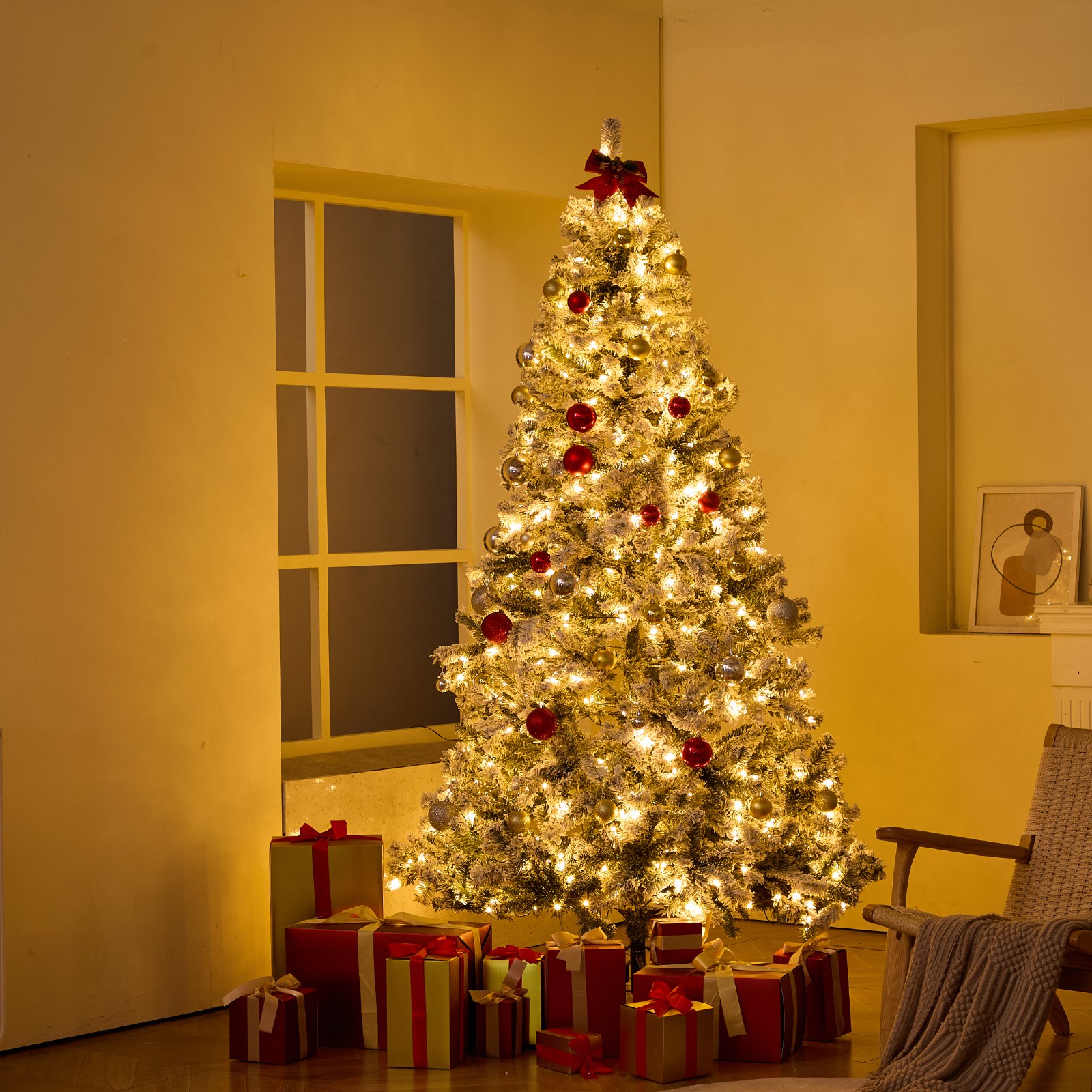 VEVOR Weihnachtsbaum, 1,28 x 2,28 m, beleuchteter, beflockter Kunstbaum, Naturgetreuer Tannenbaum mit 550 weißen LEDs, 1346 Zweigspitzen, Metallsockel für die Dekoration zu Hause, Partys & im Büro