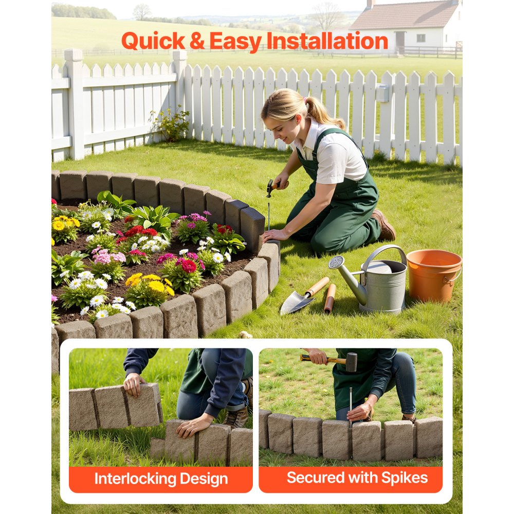 VEVOR Stone-Look Garden Edging, 120x10x23 cm, Lawn Border, Flexible Garden Edging with Anchoring Spikes, Light-Resistant Yard Edging for Driveways & Walkways, Beige