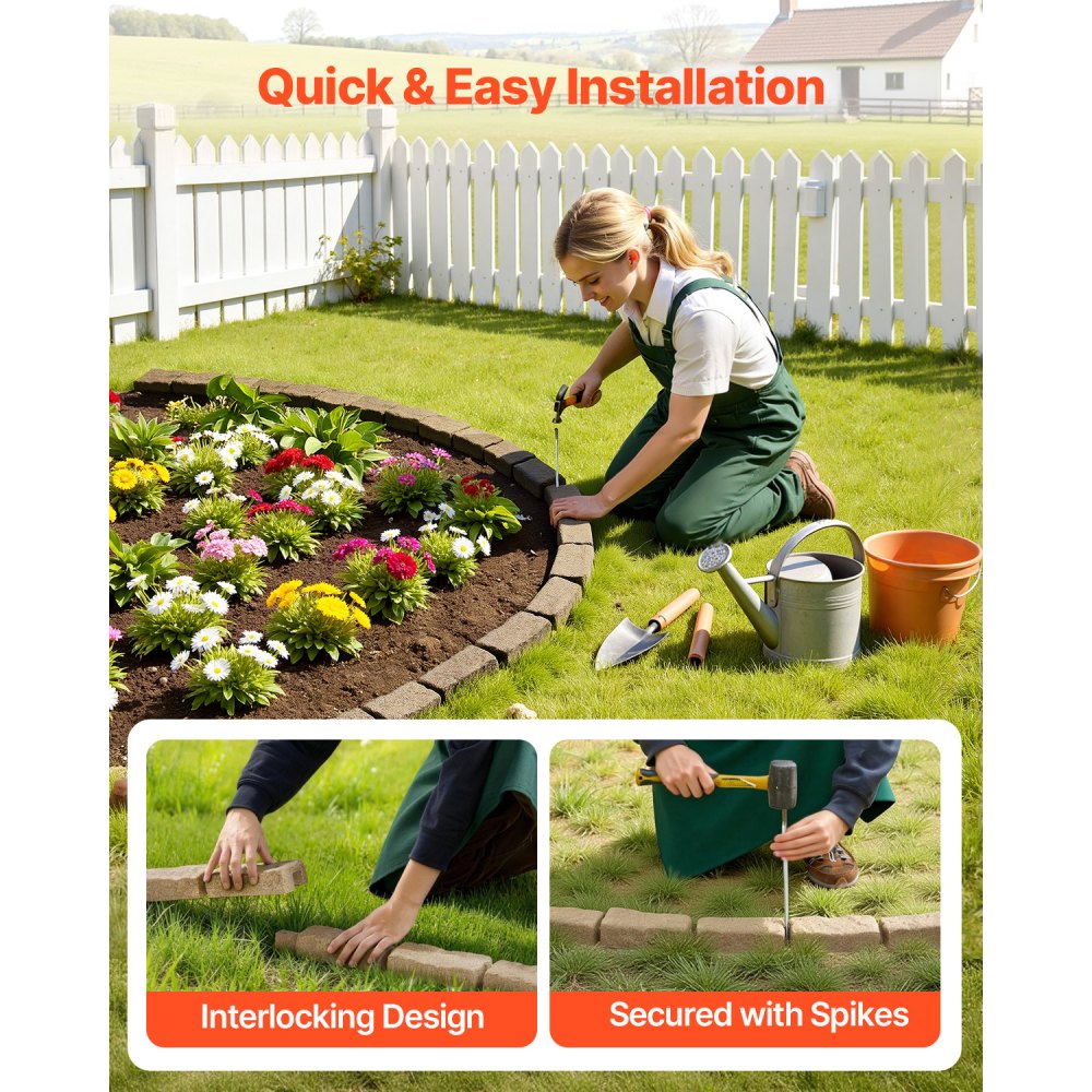 VEVOR 4er-Set Rasenkante in Steinoptik, 1180x95x57 mm realistische Beeteinfassung, flexible Gartenbegrenzung in Ziegelgröße mit Verankerungsspitzen, Beetumrandung für Einfahrten, Gehwege, Beige