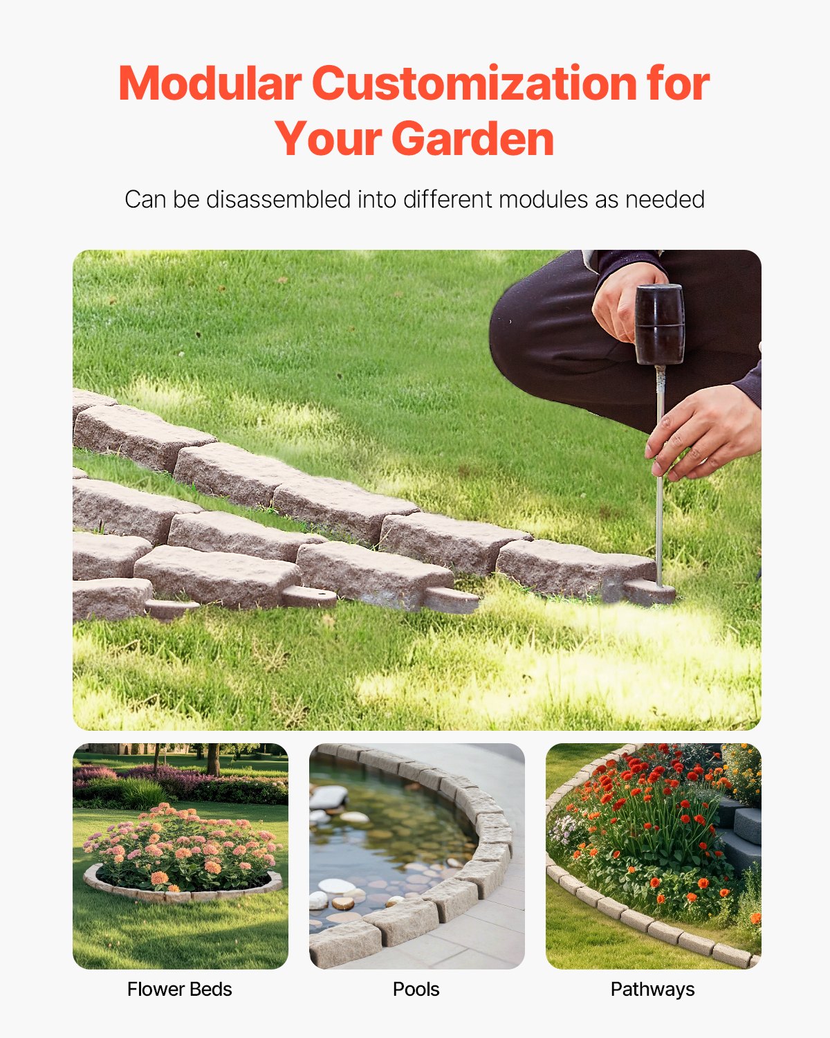 VEVOR 4er-Set Rasenkante in Steinoptik, 1180x95x57 mm realistische Beeteinfassung, flexible Gartenbegrenzung in Ziegelgröße mit Verankerungsspitzen, Beetumrandung für Einfahrten, Gehwege, Beige