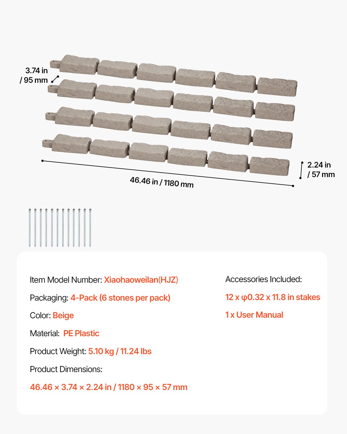 VEVOR 4er-Set Rasenkante in Steinoptik, 1180x95x57 mm realistische Beeteinfassung, flexible Gartenbegrenzung in Ziegelgröße mit Verankerungsspitzen, Beetumrandung für Einfahrten, Gehwege, Beige