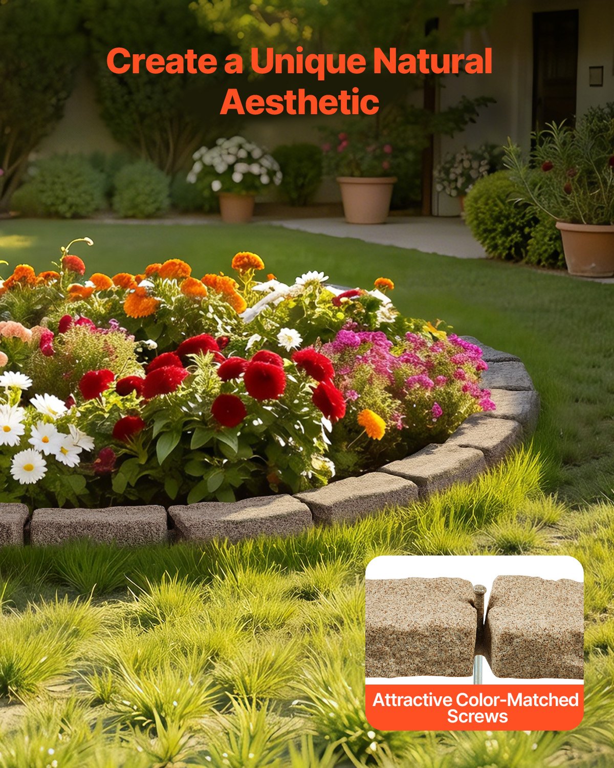 VEVOR 4er-Set Rasenkante in Steinoptik, 1180x95x57 mm realistische Beeteinfassung, flexible Gartenbegrenzung in Ziegelgröße mit Verankerungsspitzen, Beetumrandung für Einfahrten, Gehwege, Beige