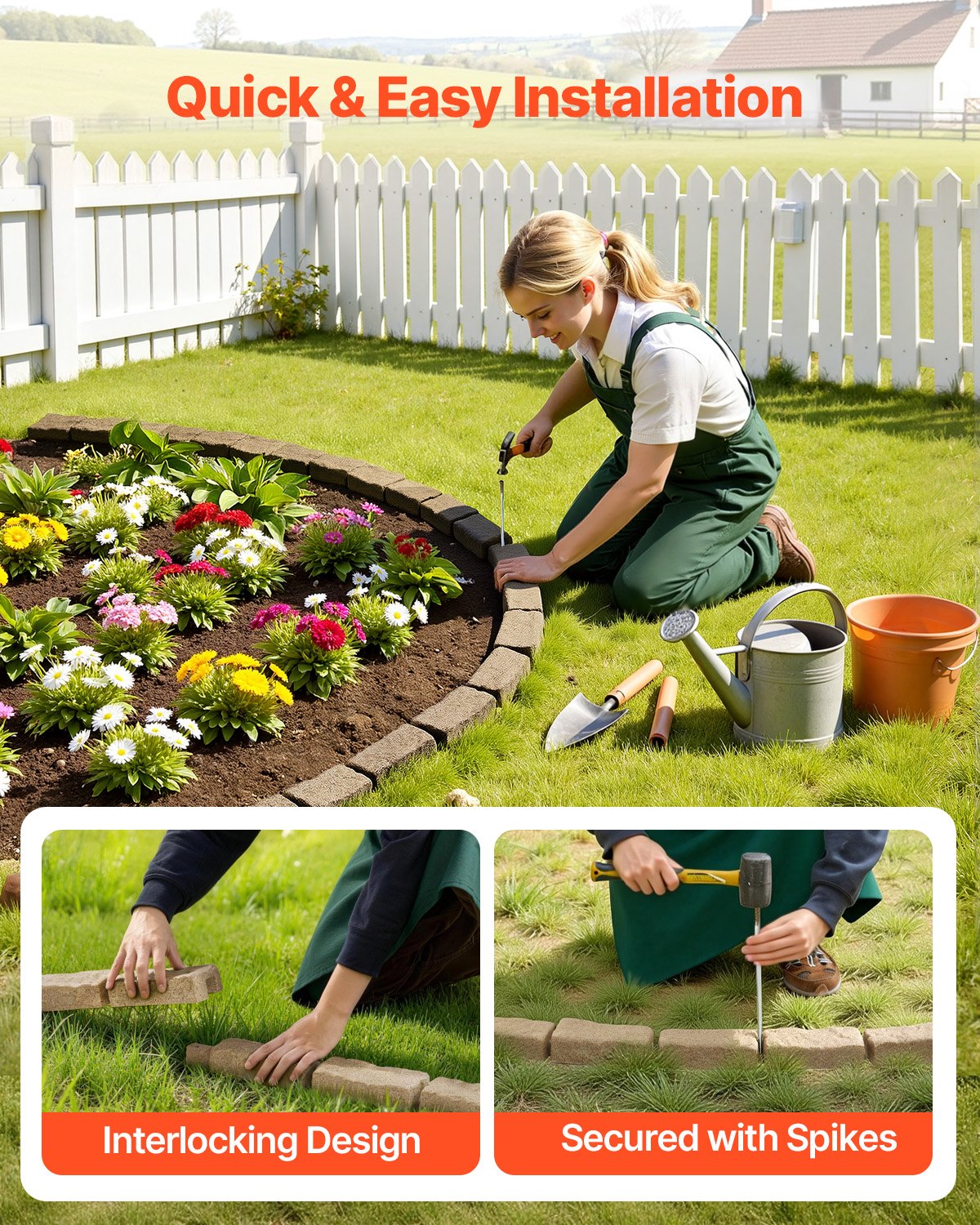 VEVOR 4er-Set Rasenkante in Steinoptik, 1180x95x57 mm realistische Beeteinfassung, flexible Gartenbegrenzung in Ziegelgröße mit Verankerungsspitzen, Beetumrandung für Einfahrten, Gehwege, Beige