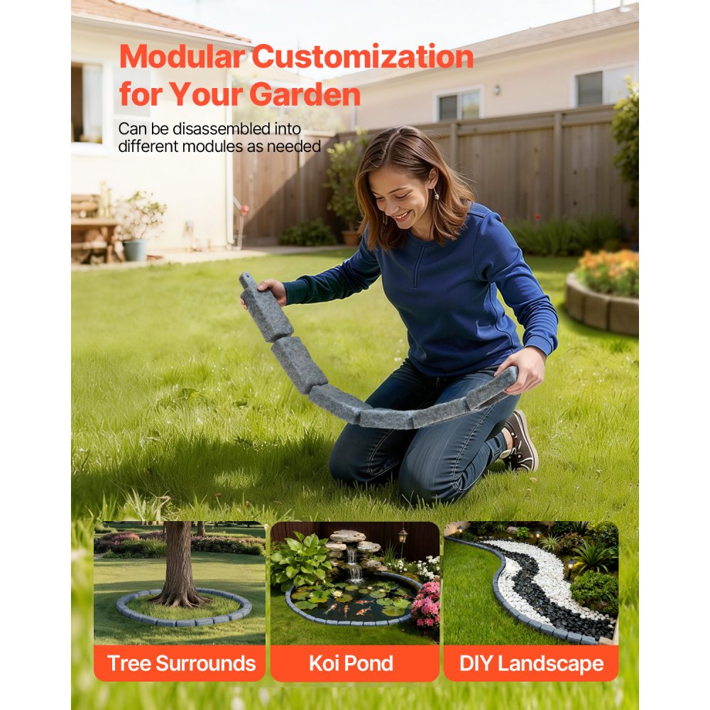 VEVOR Lawn Edging in Stone Look, 1180x95x57 mm Realistic Lawn Edging, Flexible Brick-Size Bed Edging with Anchoring Spikes, Bed Border for Driveways, Walkways, Set of 4, Gray